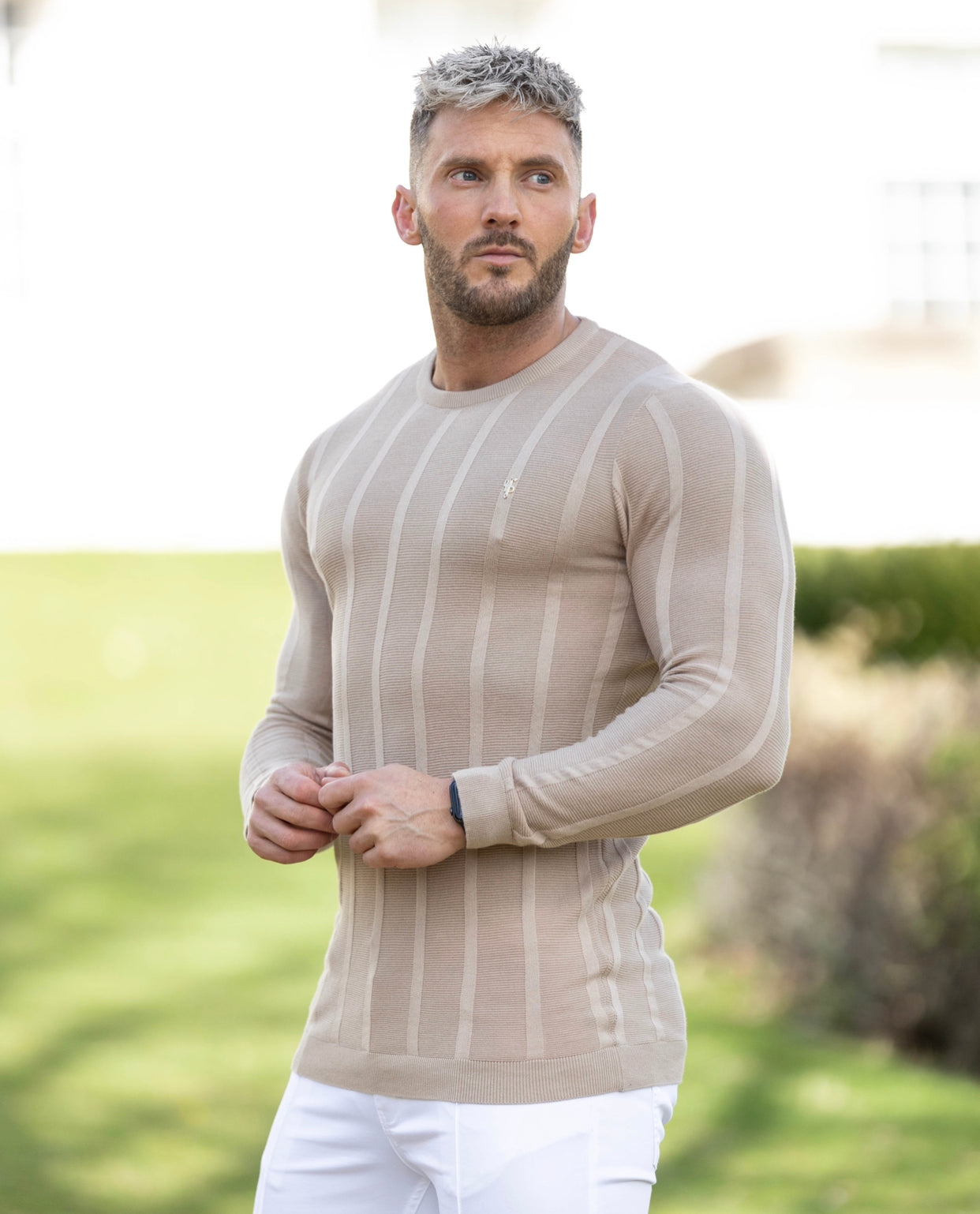 Classic Long Sleeve Oatmeal Knitted Wide Rib Crew with Gold Emblem - FSH740