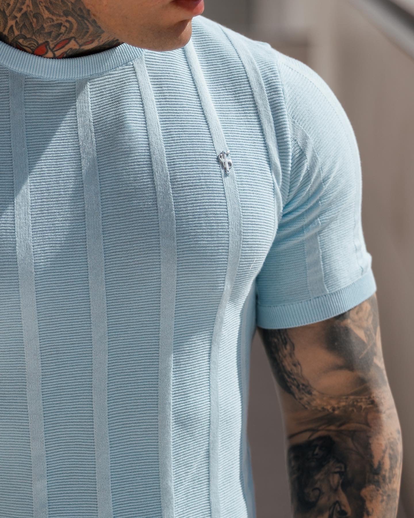 Classic Short Sleeve Baby Blue Knitted Wide Rib Crew with Silver Emblem - FSH739