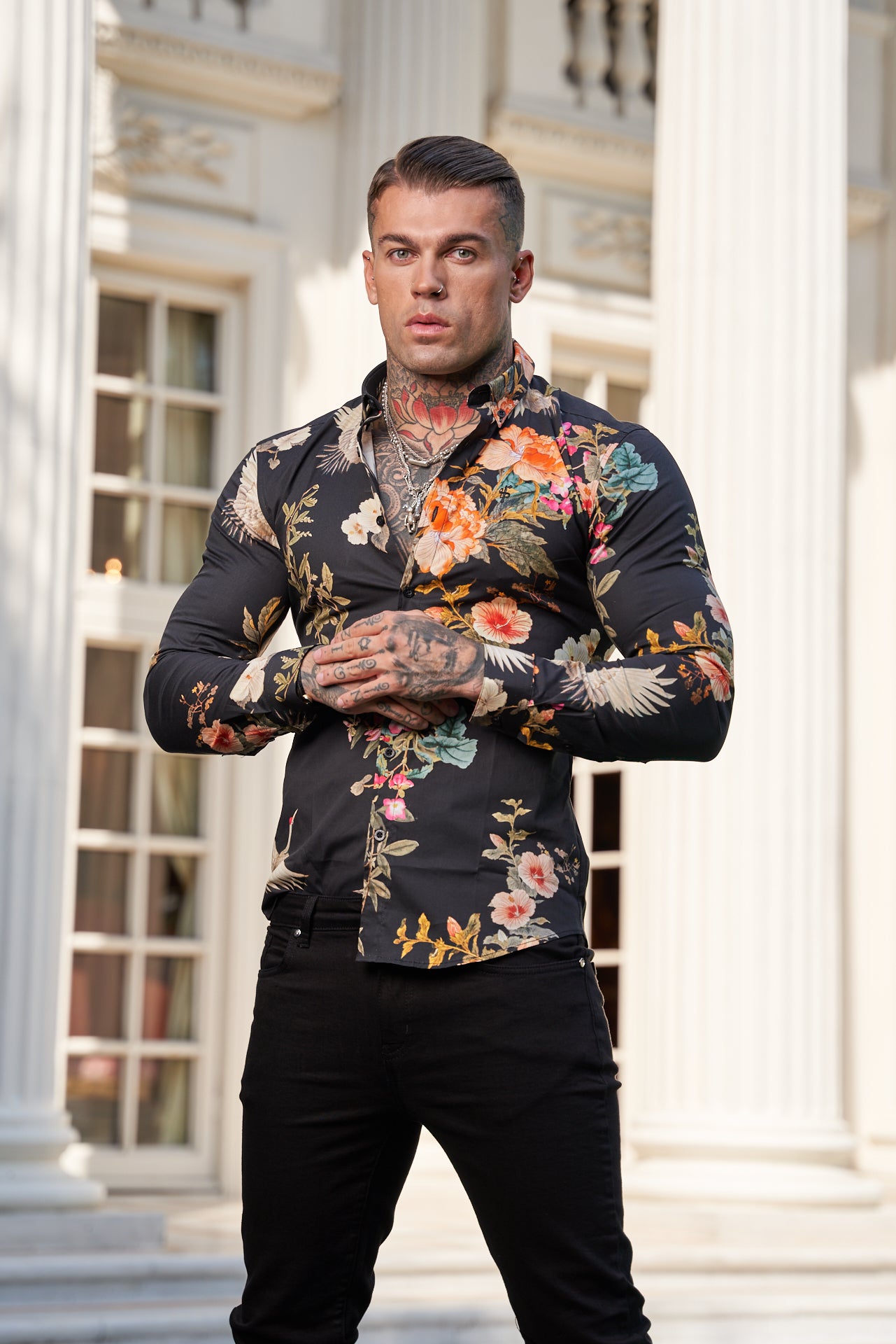 Super Slim Stretch Black Crane Print Long Sleeve with Button Down Collar - FS772