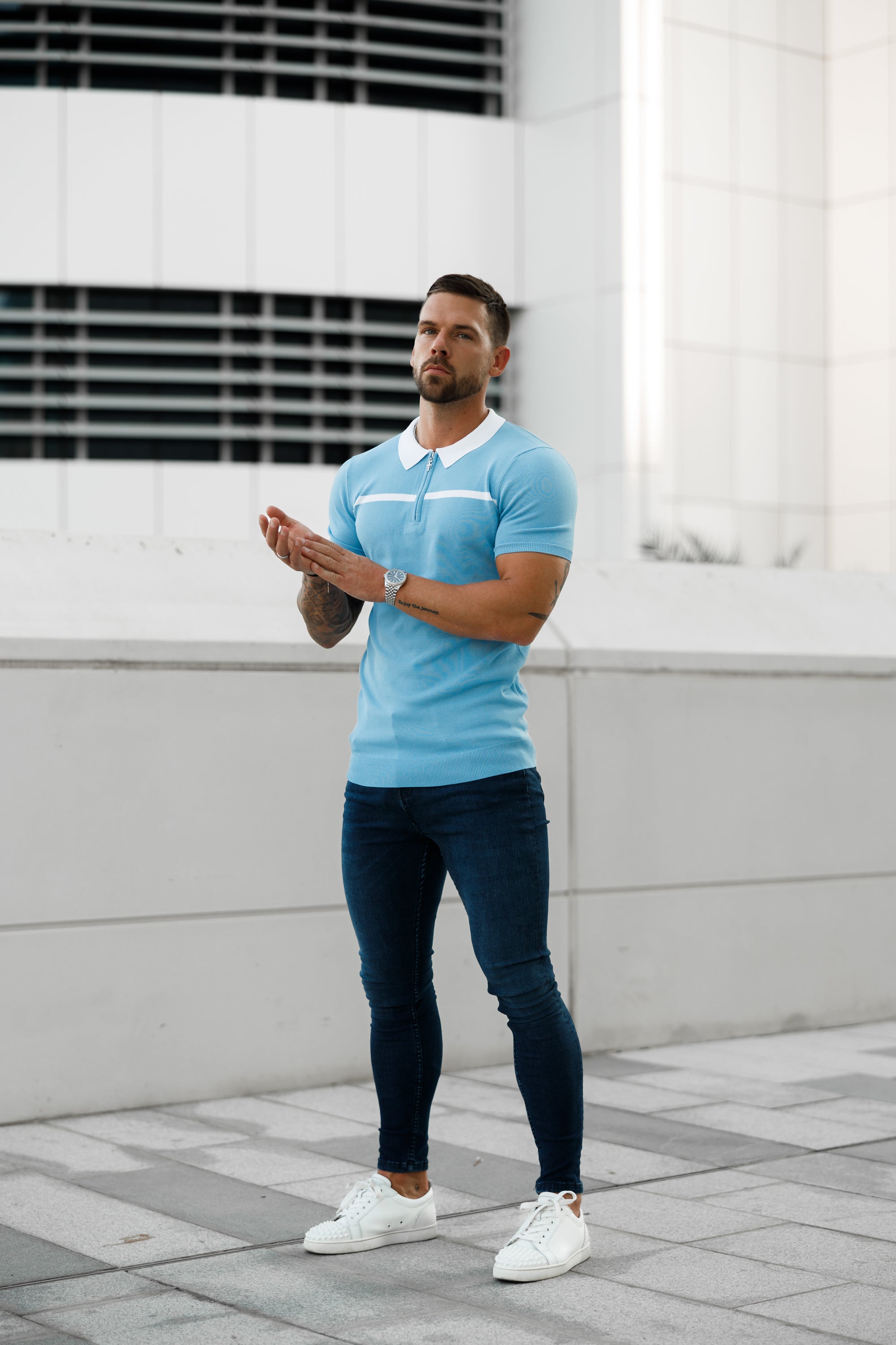 Classic Sky Blue / White Horizontal Stripe Zipped Polo Short Sleeve - FSN058
