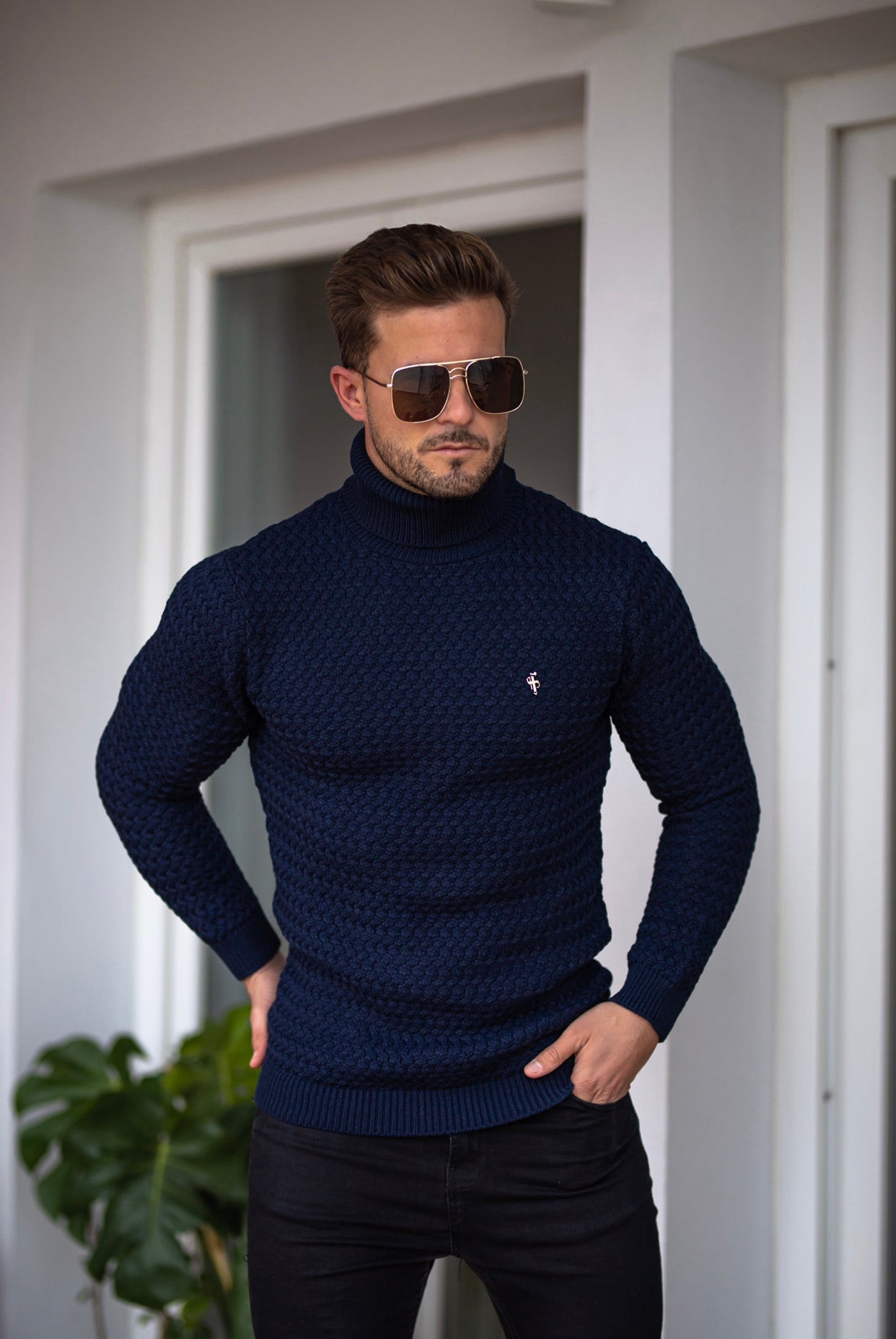 Navy Knitted Roll Neck Weave Super Slim Jumper With Metal Decal - FSJ025