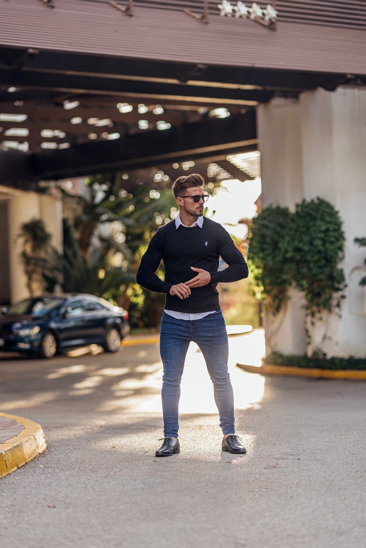 Classic Black Crew Neck Knitted Jumper with White Embroidery - FSN087