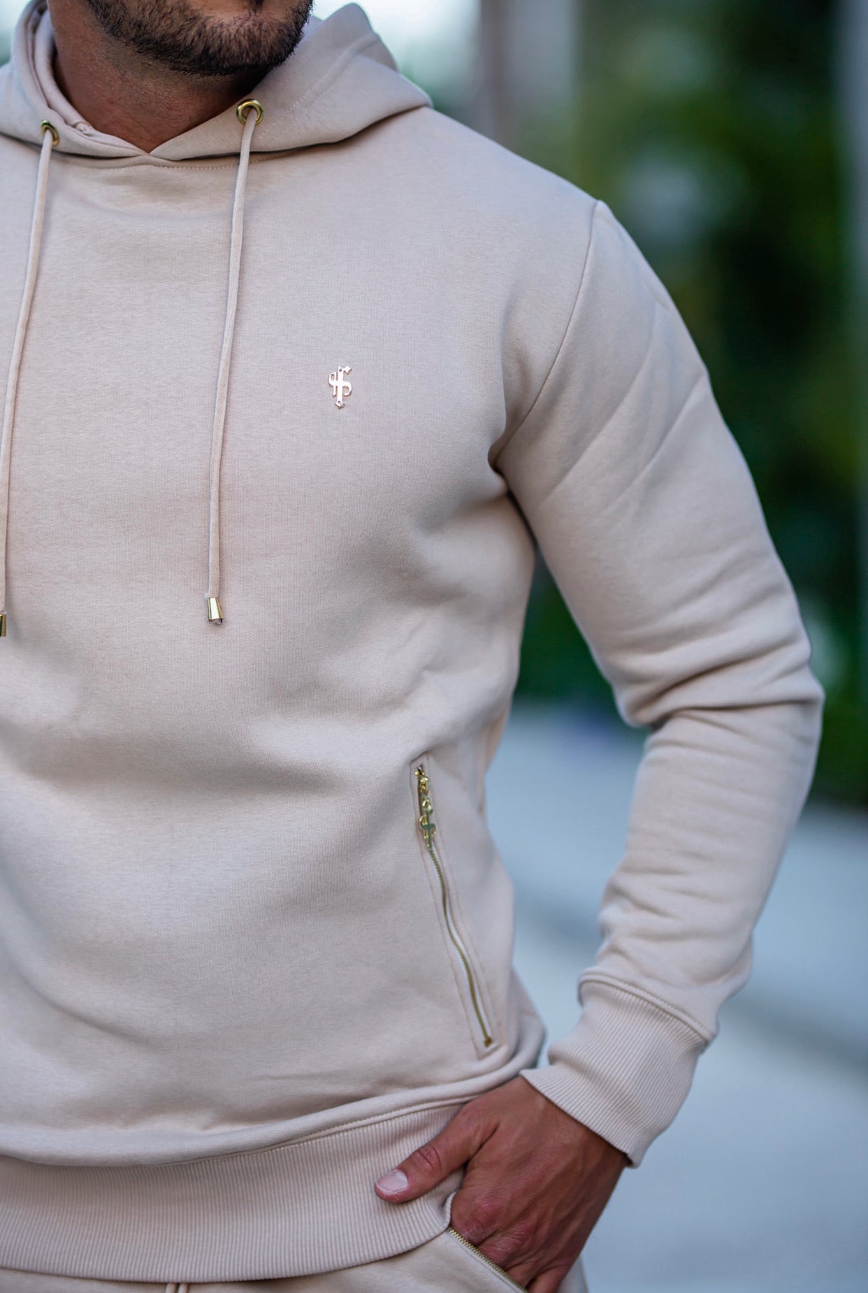 Beige & Gold Overhead Hoodie Top with Zipped Pockets - FSH483