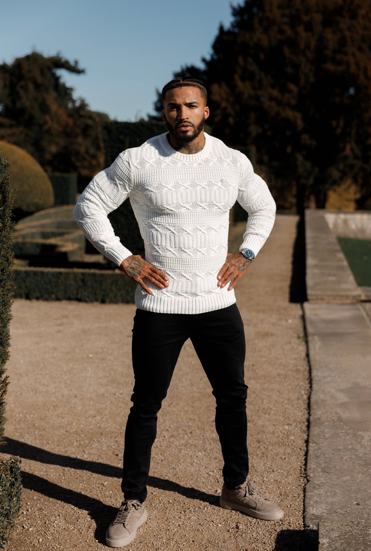 Off White Knitted Cable Link Crew Super Slim Jumper With Metal Decal - FSN070