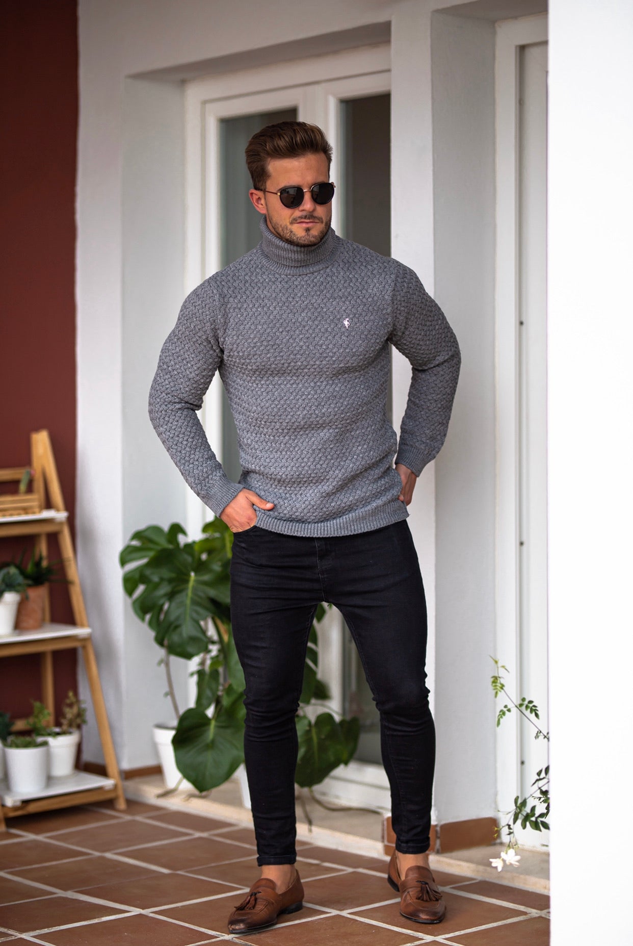 Charcoal Knitted Roll Neck Weave Super Slim Jumper With Metal Decal - FSJ027