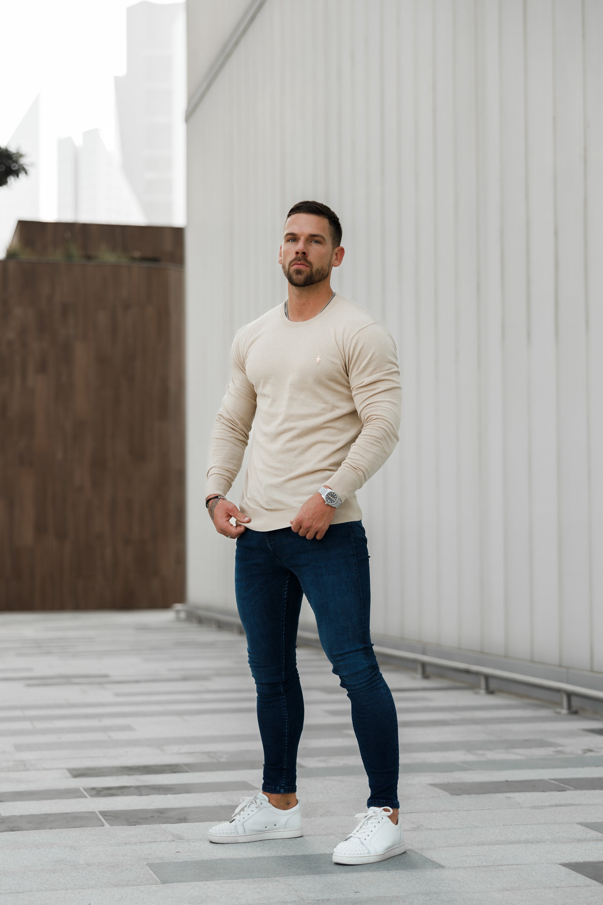 Classic Beige Light Weight Knitted Crew Neck with Gold Metal Decal - FSN093