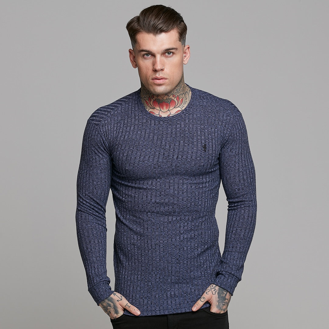 Classic Navy Ribbed Knit Super Slim Crew - FSH114