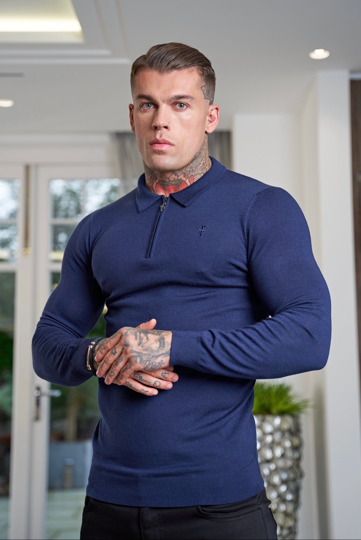 Classic Navy Merino Wool Knitted Zip Polo Long Sleeve Jumper With FS Embroidery- FSN007