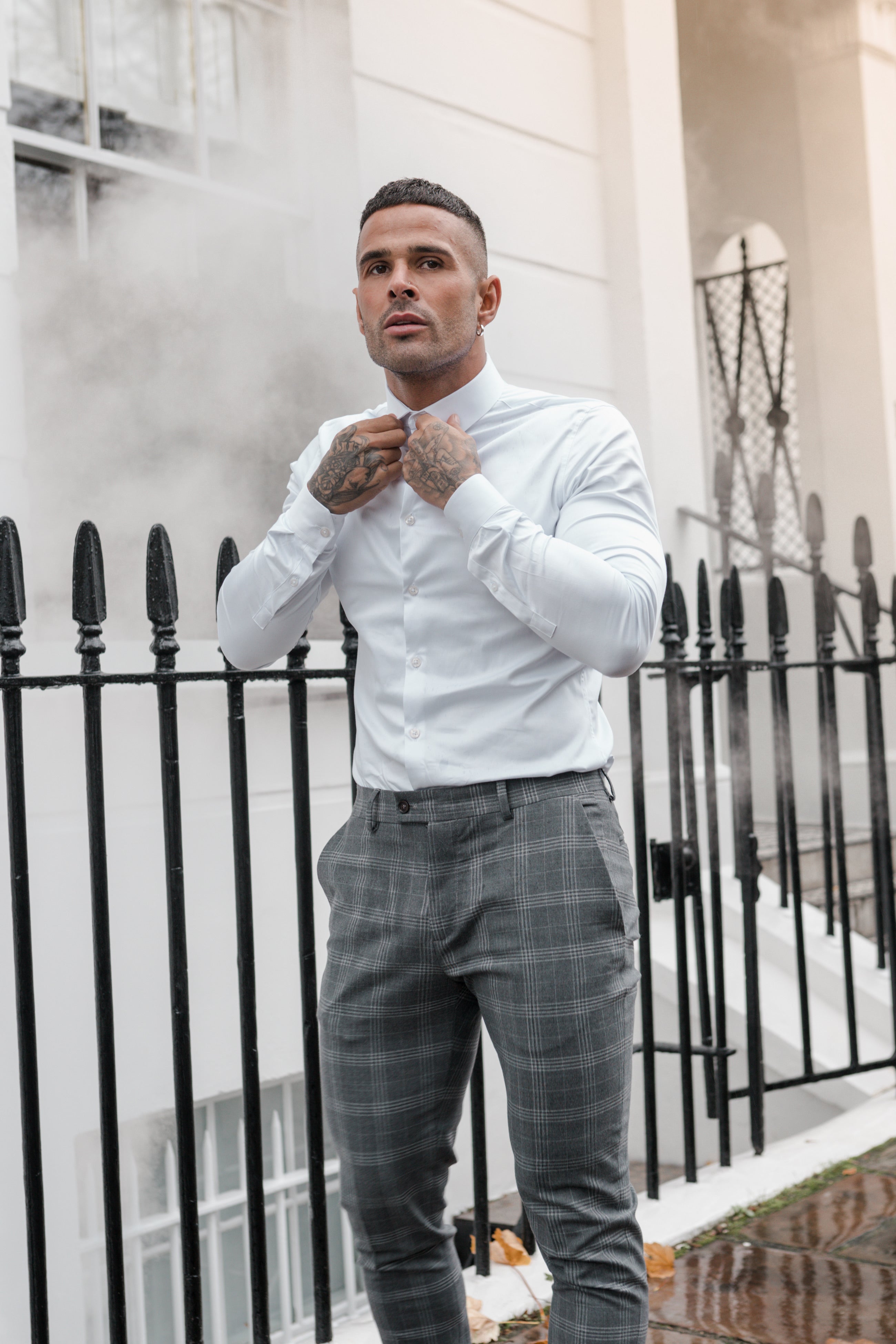 Slim Formal Large Silver Grey Check Stretch Trousers - FST005