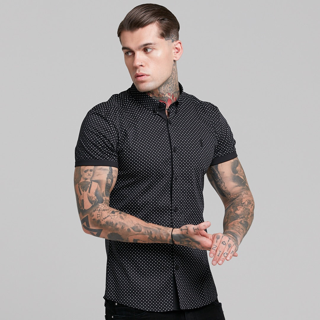 Super Slim Stretch Black & White Ditsy Print Short Sleeve FS412