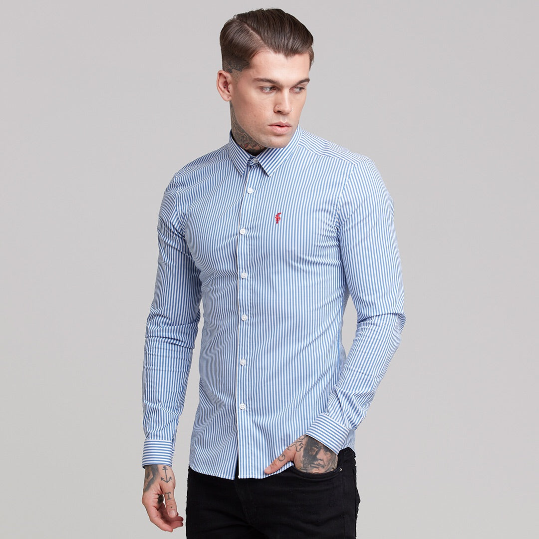 Super Slim Stretch White & Navy Stripe (Red Emblem) - FS513
