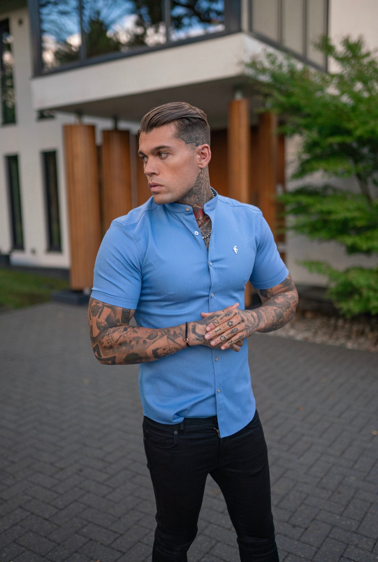 Super Slim Stretch Light Blue Denim Short Sleeve Grandad collar with Silver Metal Buttons and Decal Emblem - FS718
