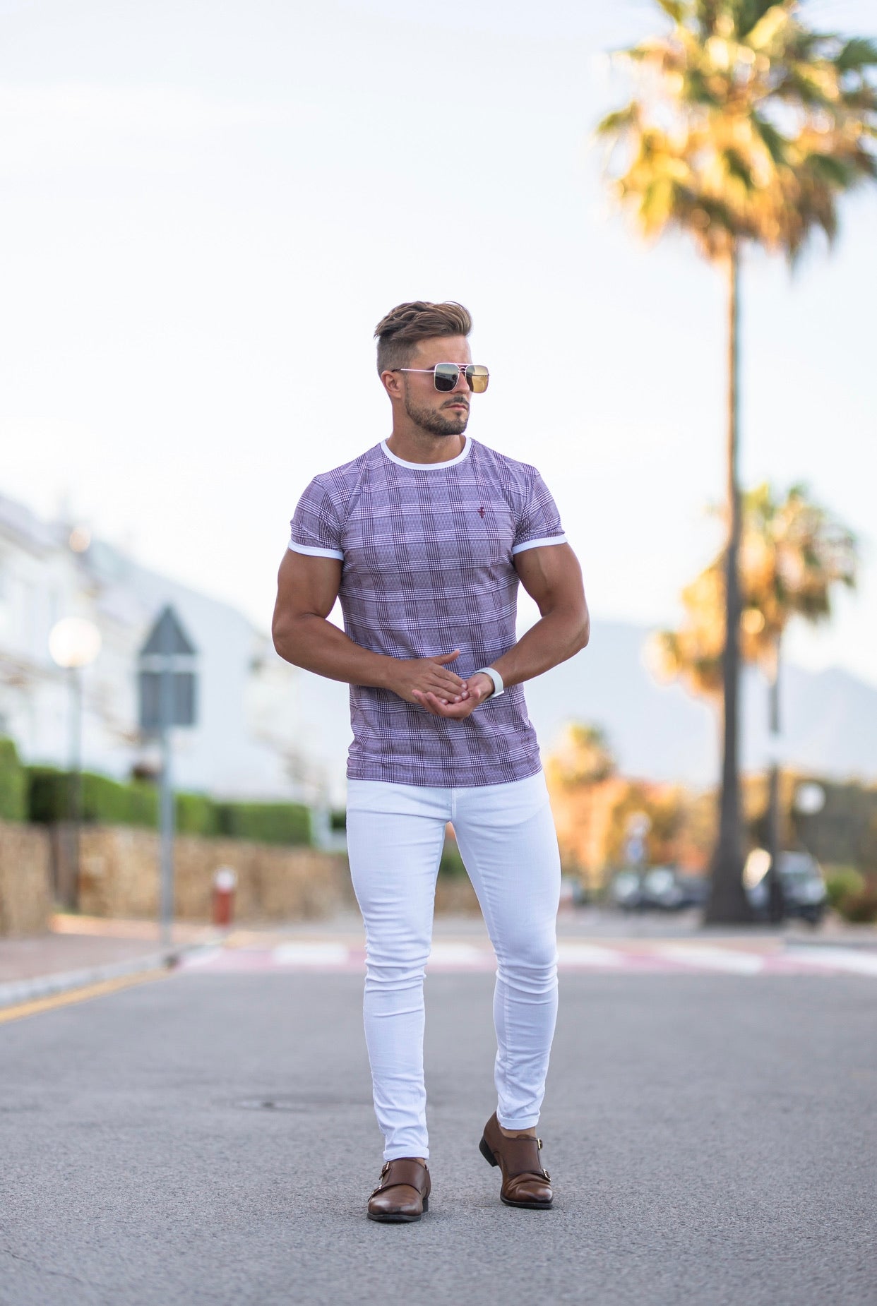 Prince of Wales Burgundy & White Check Crew T Shirt - FSH443