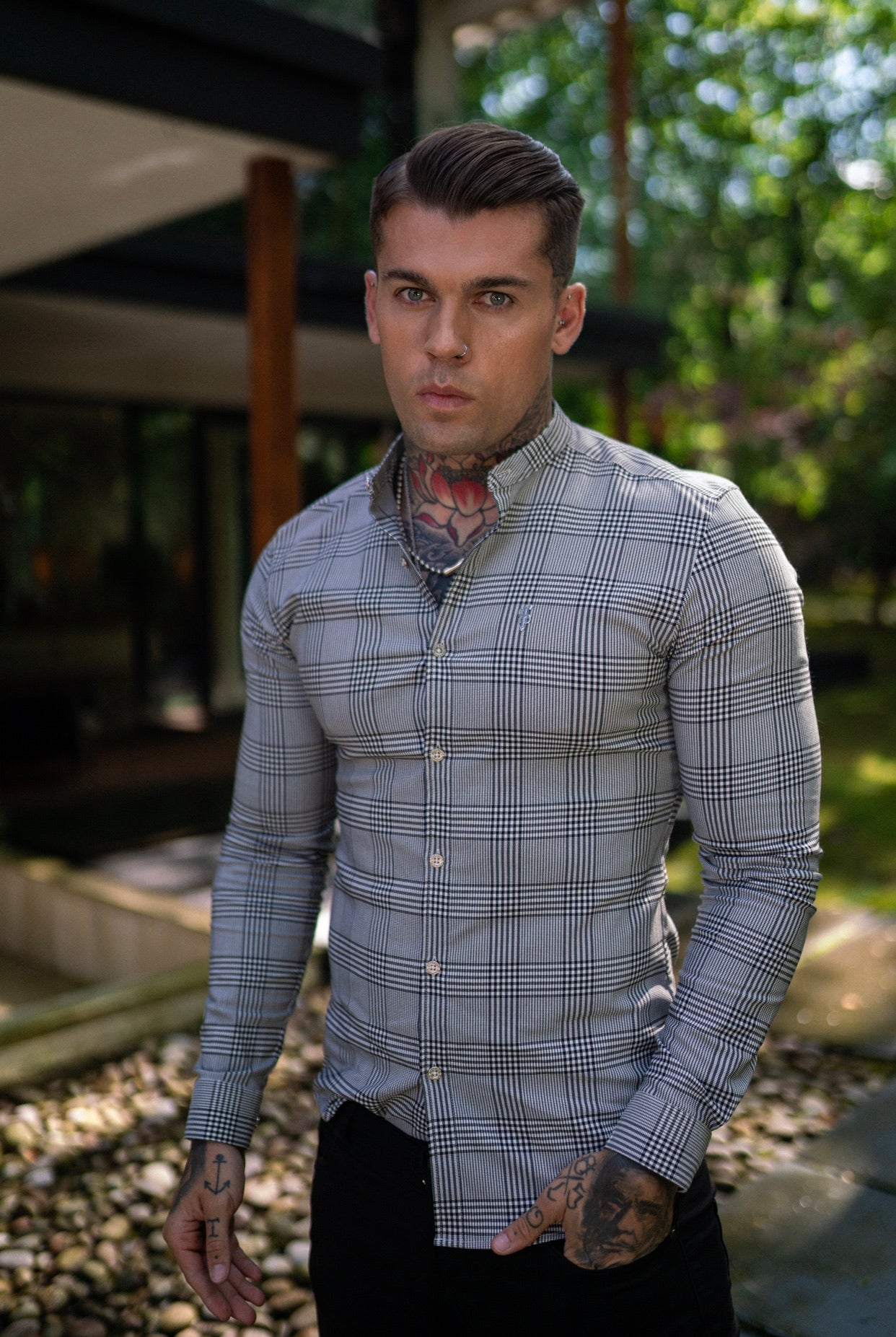 Super Slim Stretch Prince Of Wales White and Black Check Long Sleeve Grandad Collar with Metal Buttons and Emblem- FS733
