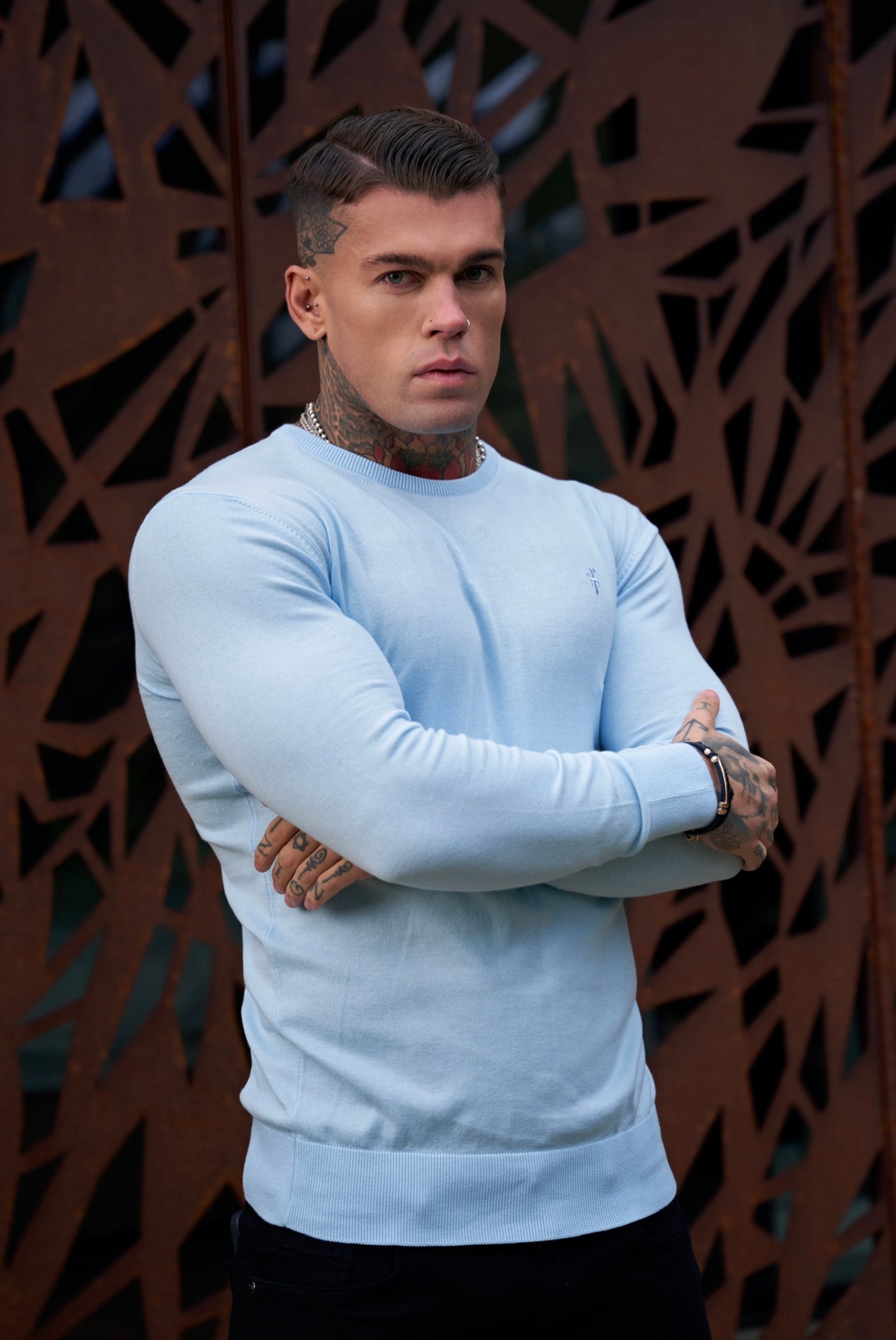 Classic Sky Blue Light Weight Knitted Crew Neck with Blue Embroidery - FSN091