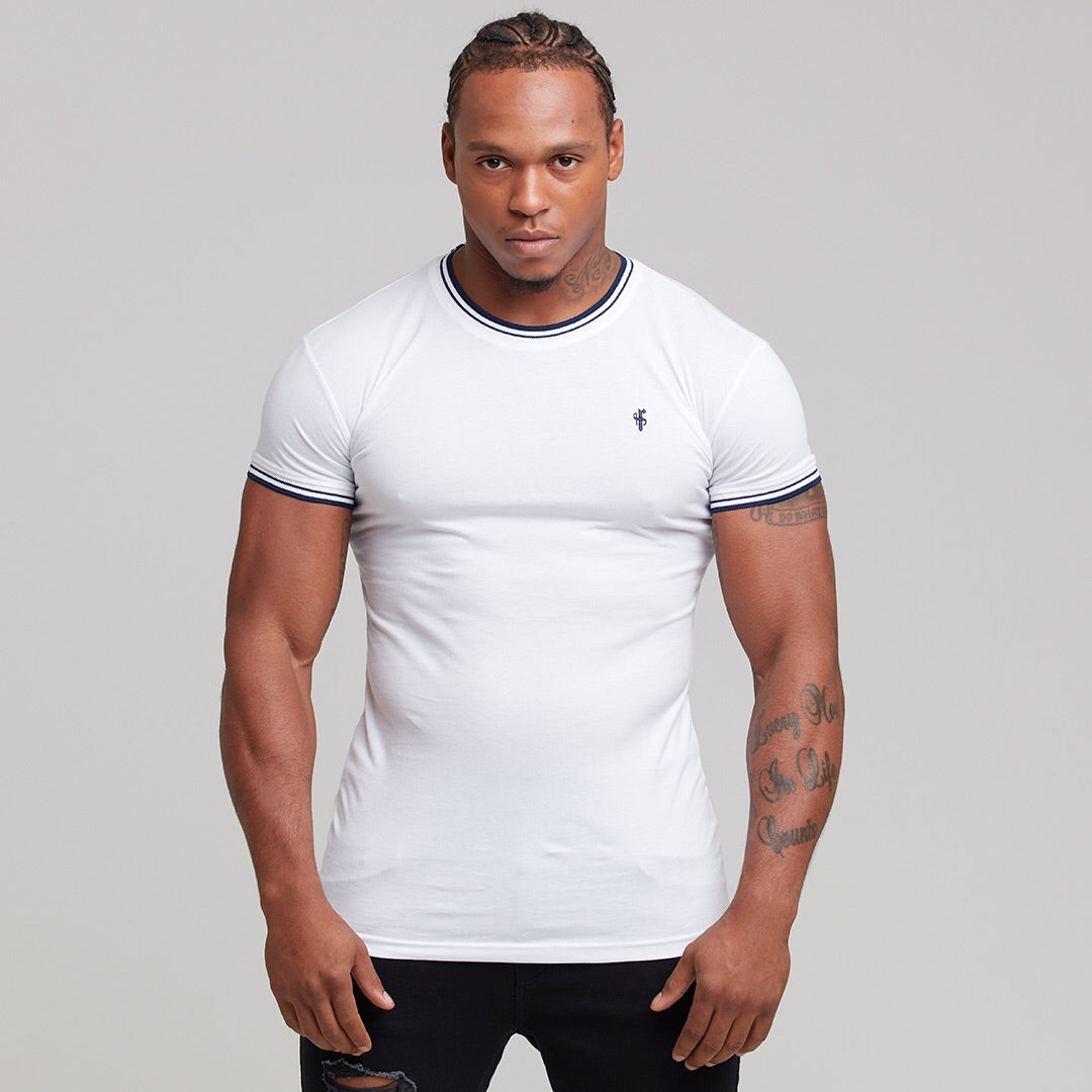 White with Navy Contrast Crew - FSH264