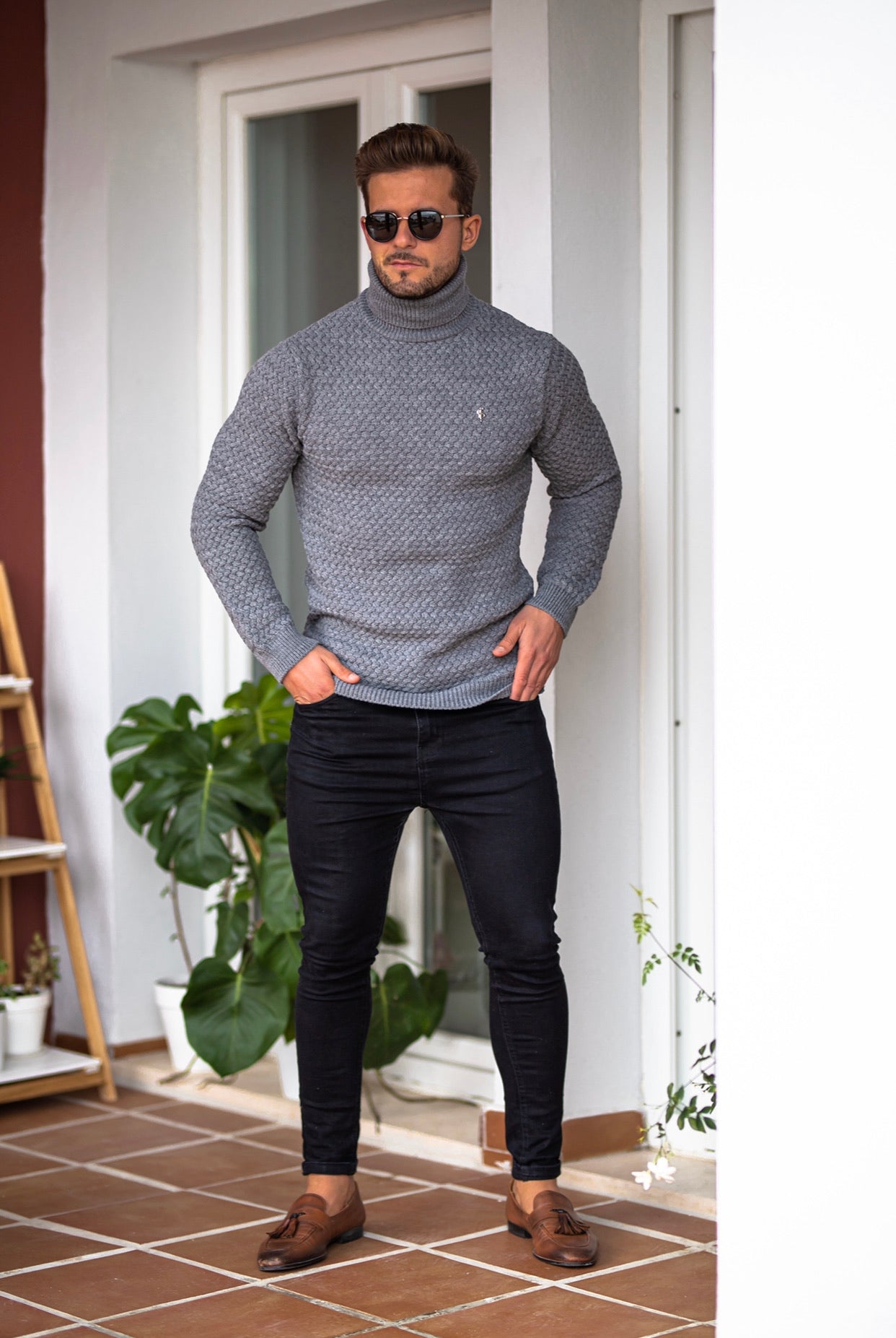 Charcoal Knitted Roll Neck Weave Super Slim Jumper With Metal Decal - FSJ027