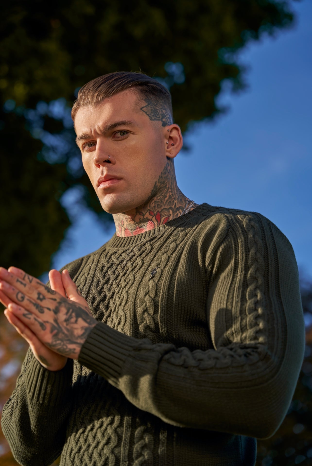 Khaki Knitted Cable Saddle Crew Super Slim Jumper With Metal Decal - FSN078