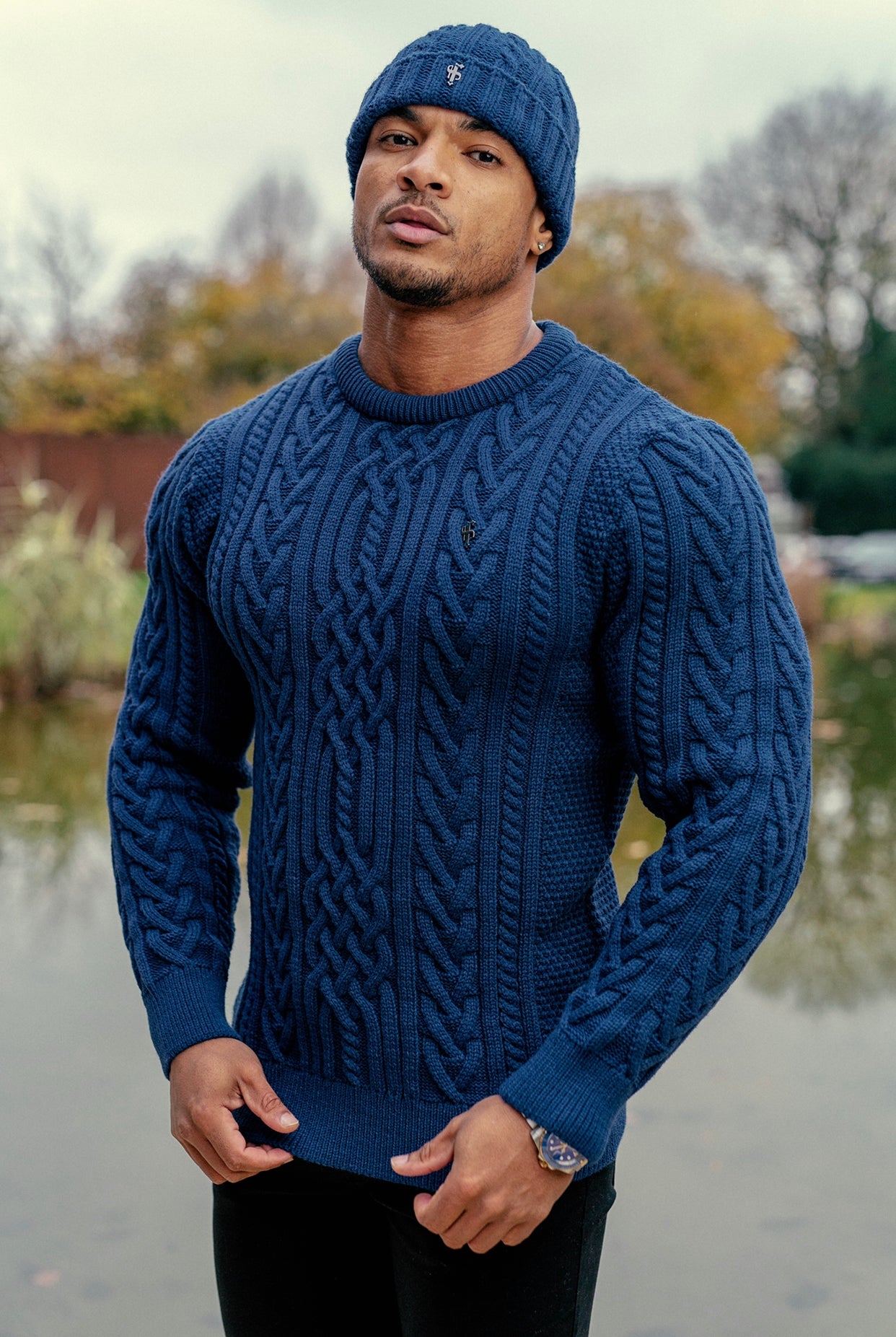 Royal Blue Twisted Braid Weave Super Slim Jumper With Gunmetal Decal - FSJ042