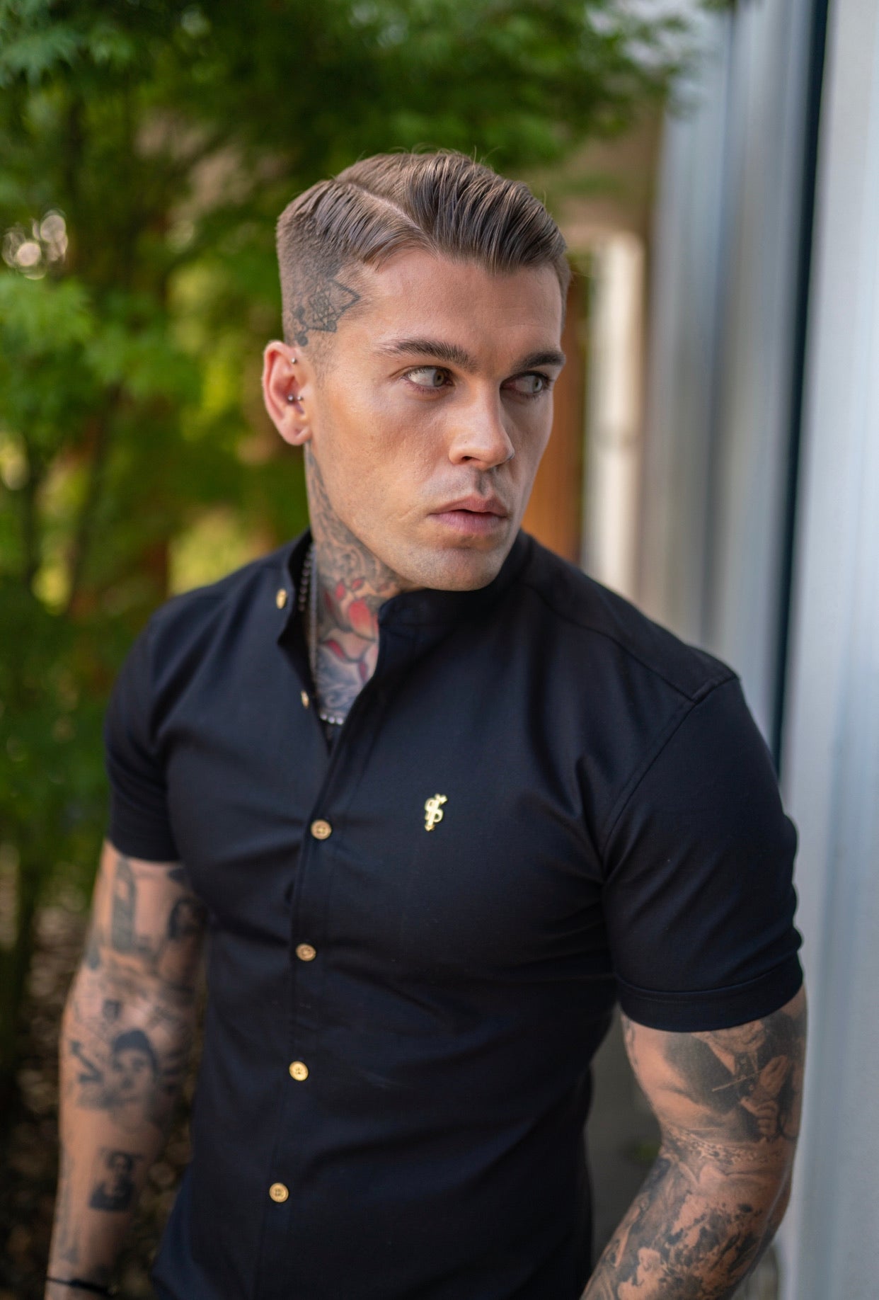 Super Slim Stretch Black Denim Short Sleeve Grandad collar with Metal Buttons and Decal Emblem - FS708