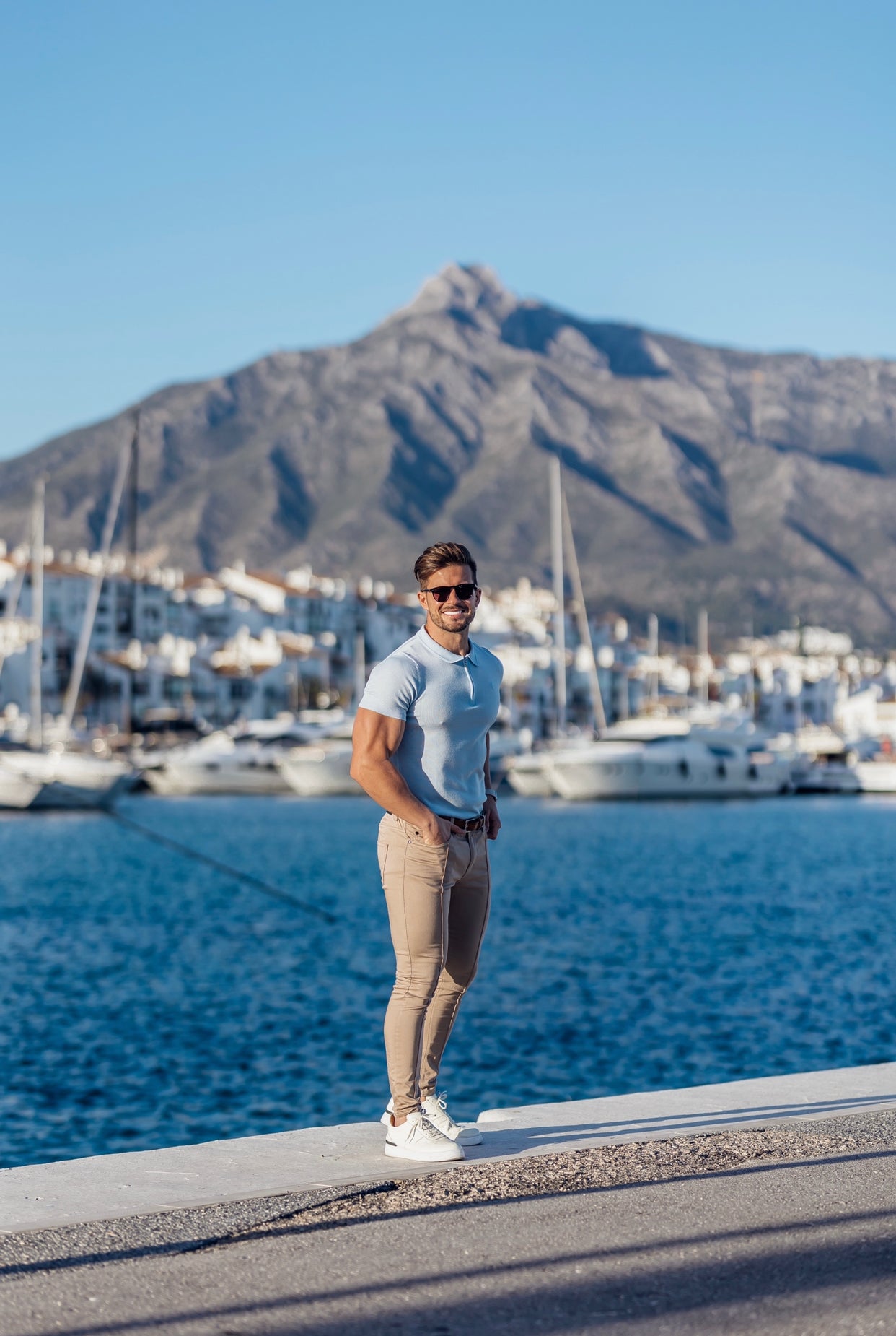 Classic Powder Blue Merino Wool Knitted Zip Polo Short Sleeve Jumper With FS Embroidery- FSN031