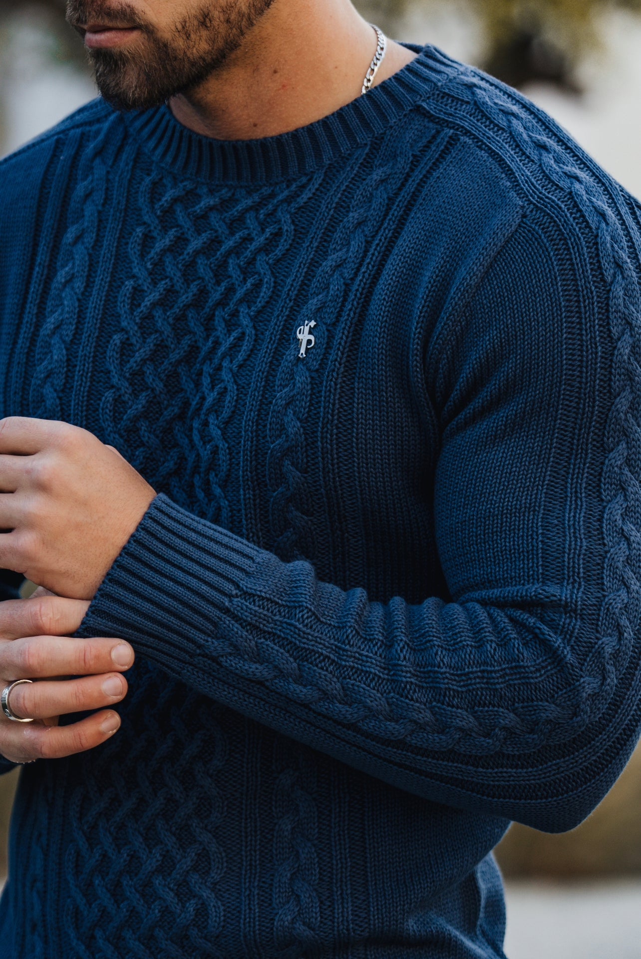 Air Force Blue Knitted Cable Saddle Crew Super Slim Jumper With Metal Decal - FSN080