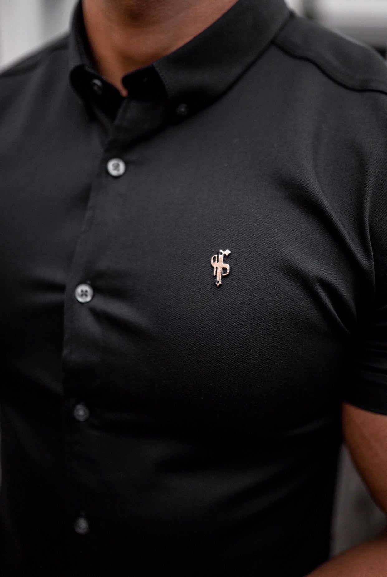 Super Slim Stretch Black Denim Short Sleeve with Metal Decal Emblem - FS643