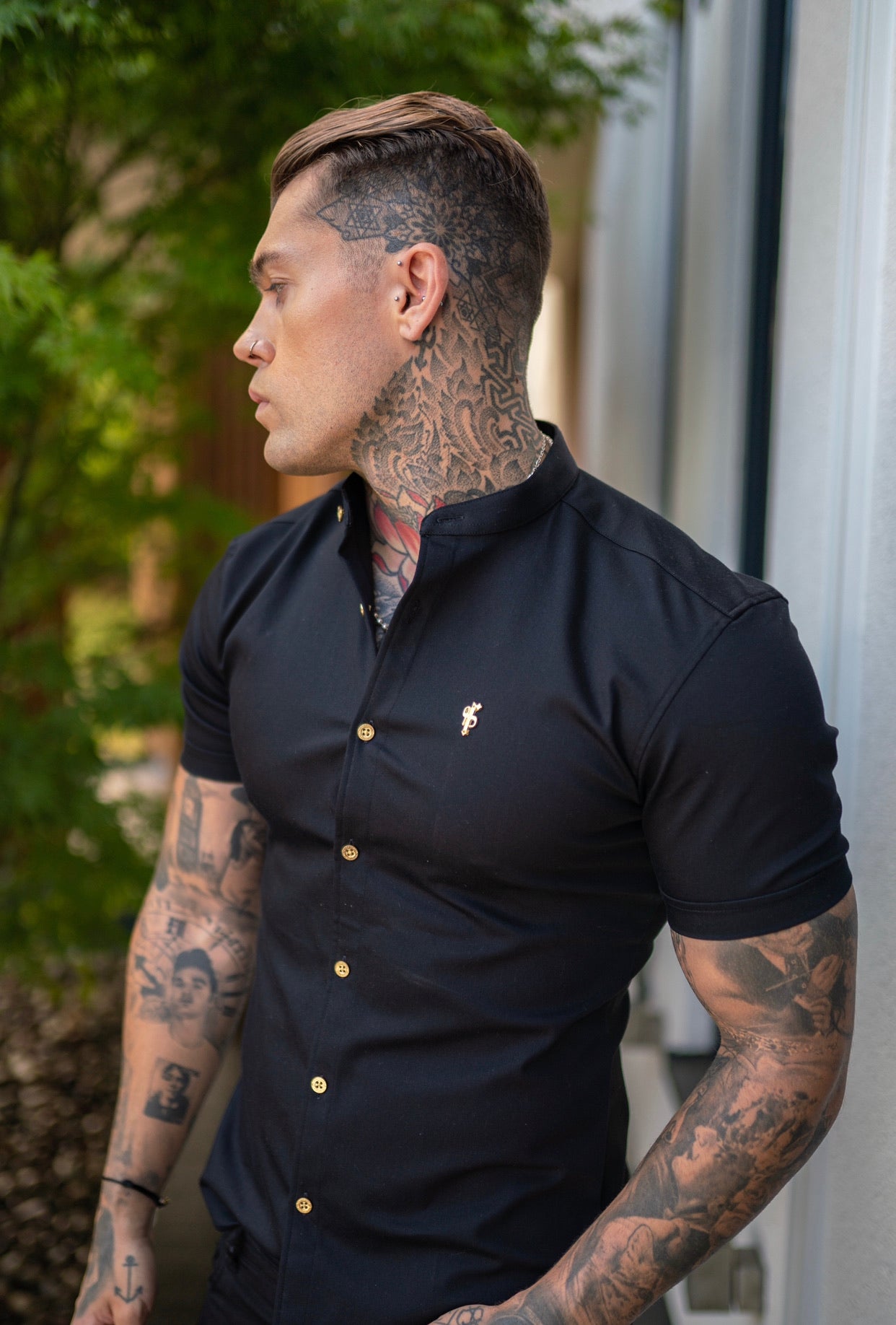 Super Slim Stretch Black Denim Short Sleeve Grandad collar with Metal Buttons and Decal Emblem - FS708