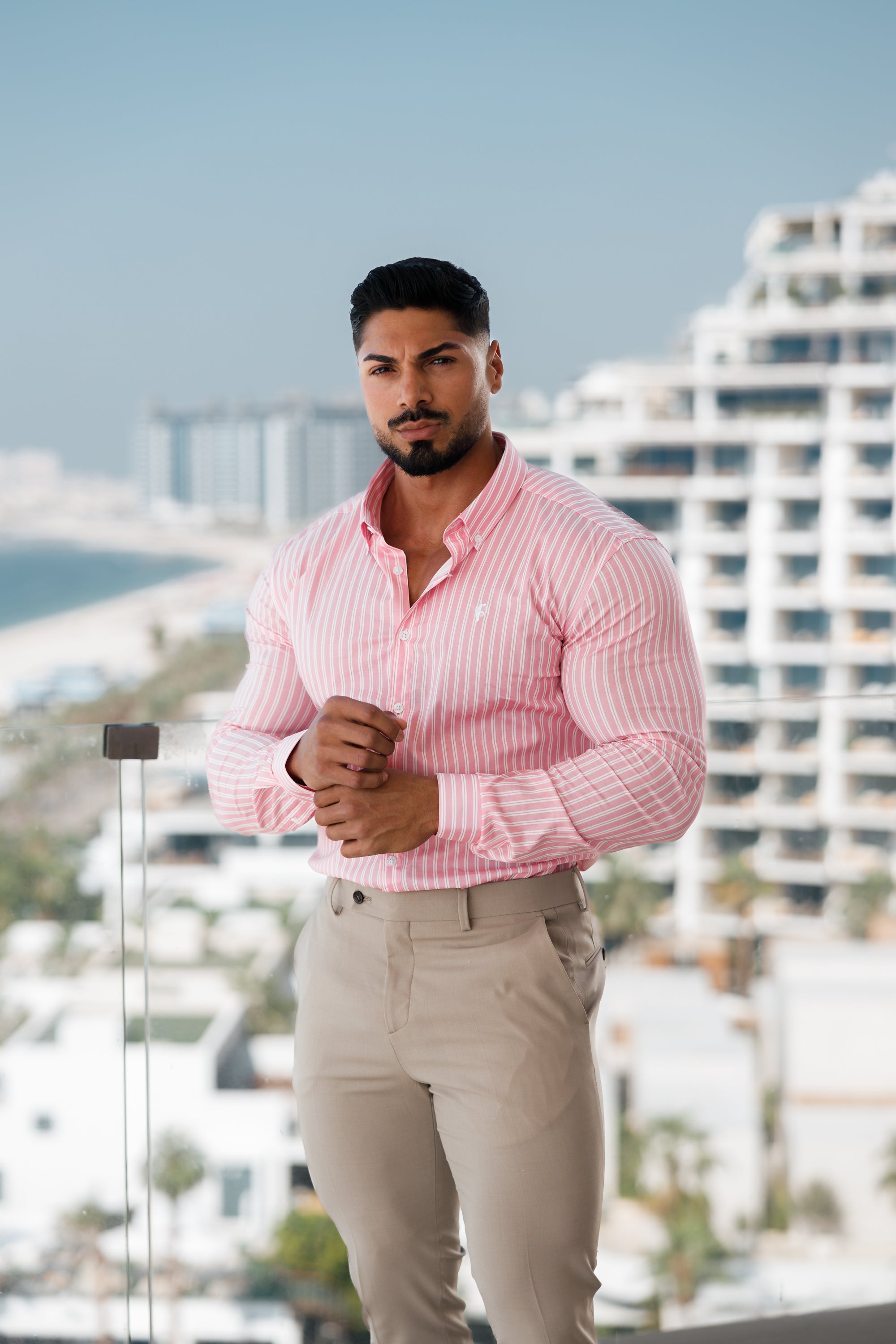 Super Slim Stretch White / Pink Stripe Print Long Sleeve with Button Down Collar - FS888