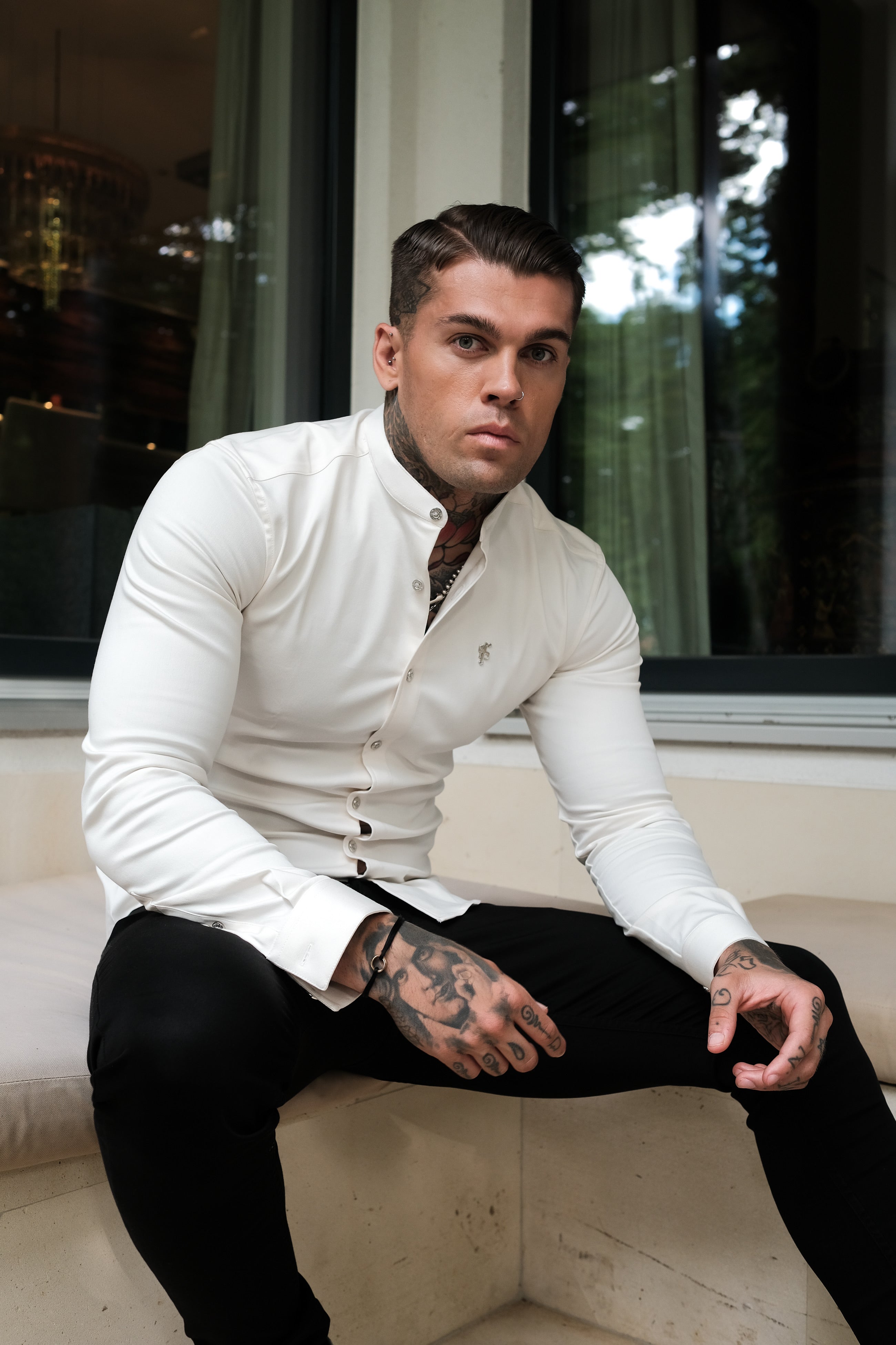 Super Slim Stretch Cream Denim Long Sleeve Grandad collar with Metal Buttons and Decal Emblem - FS725