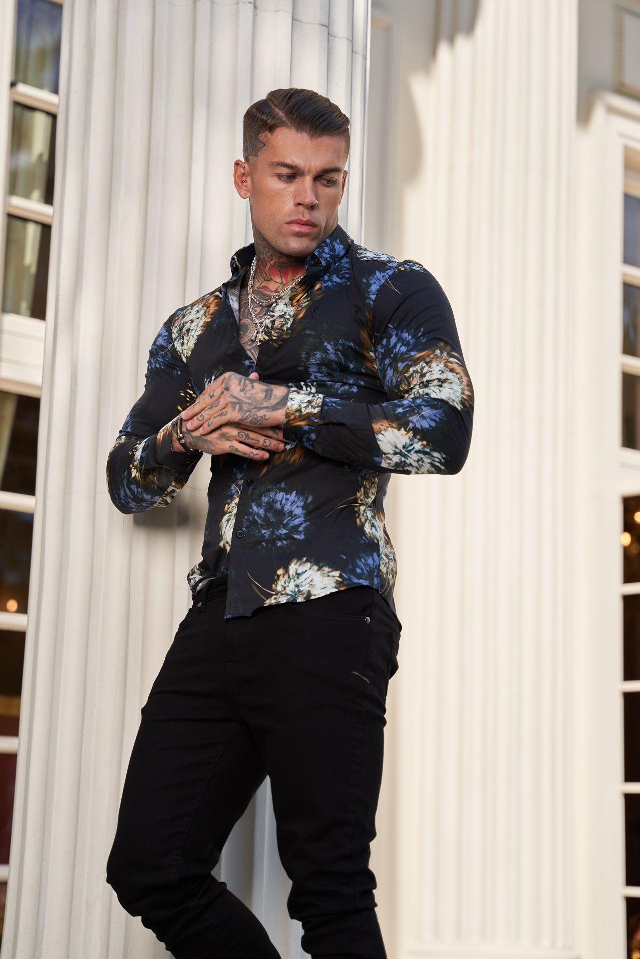 Super Slim Stretch Black Base Blurred Flower Print Long Sleeve with Button Down Collar - FS800