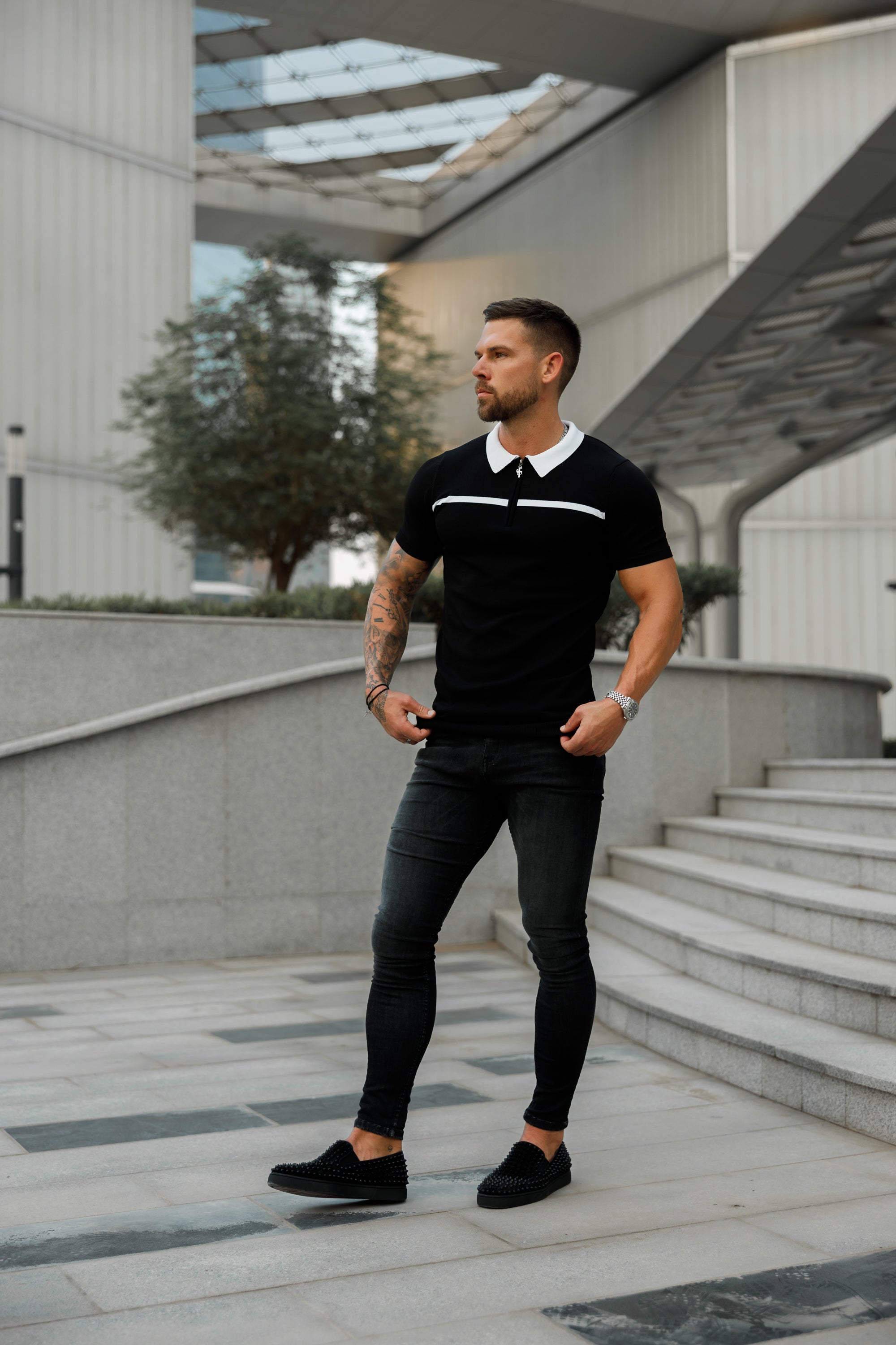 Classic Black / White Horizontal Stripe Zipped Polo Short Sleeve - FSN038