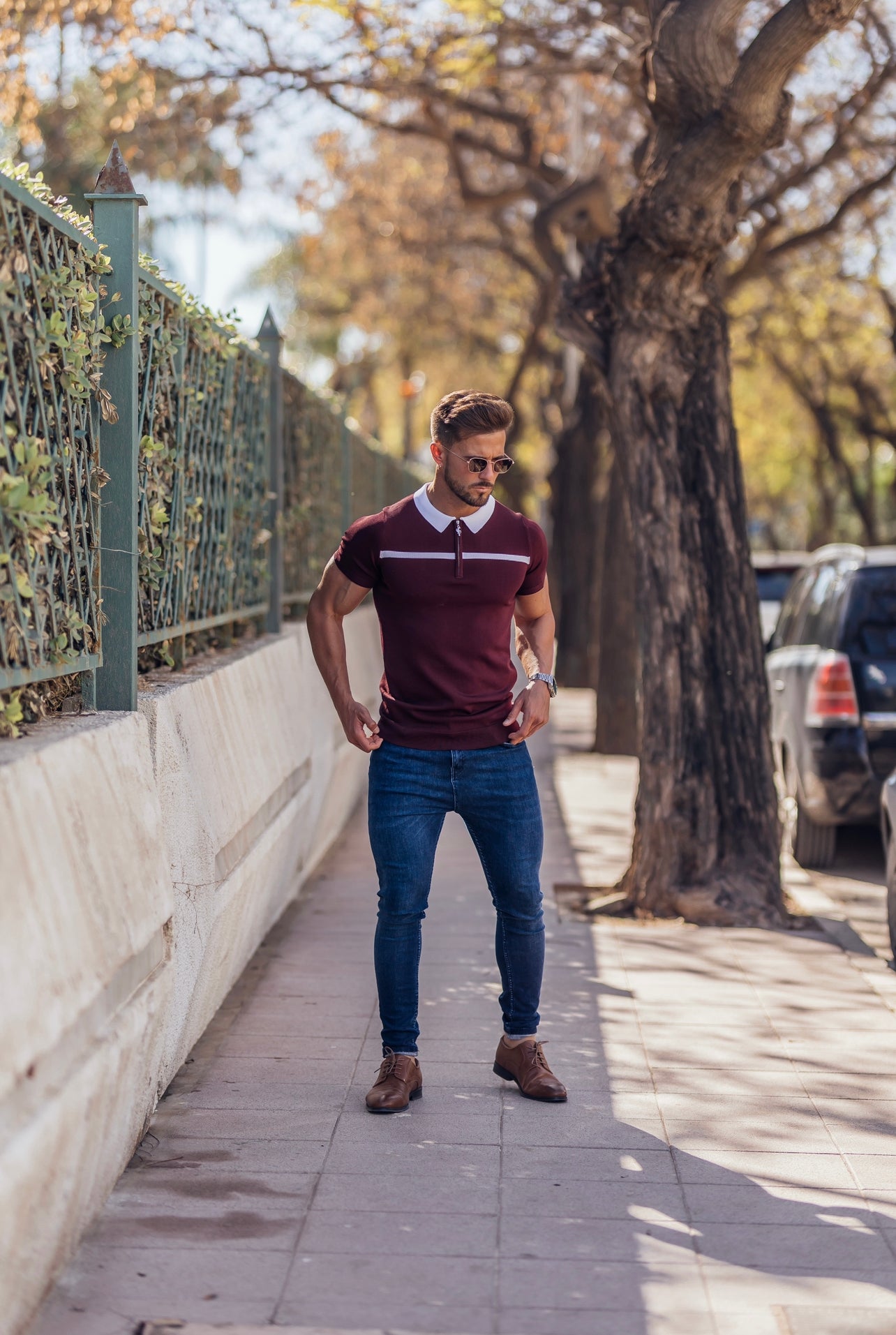 Classic Burgundy / White Horizontal Stripe Zipped Polo Short Sleeve - FSN045