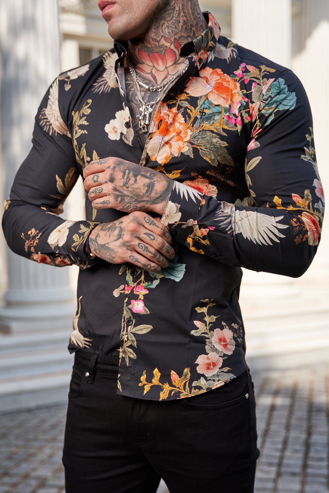 Super Slim Stretch Black Crane Print Long Sleeve with Button Down Collar - FS772