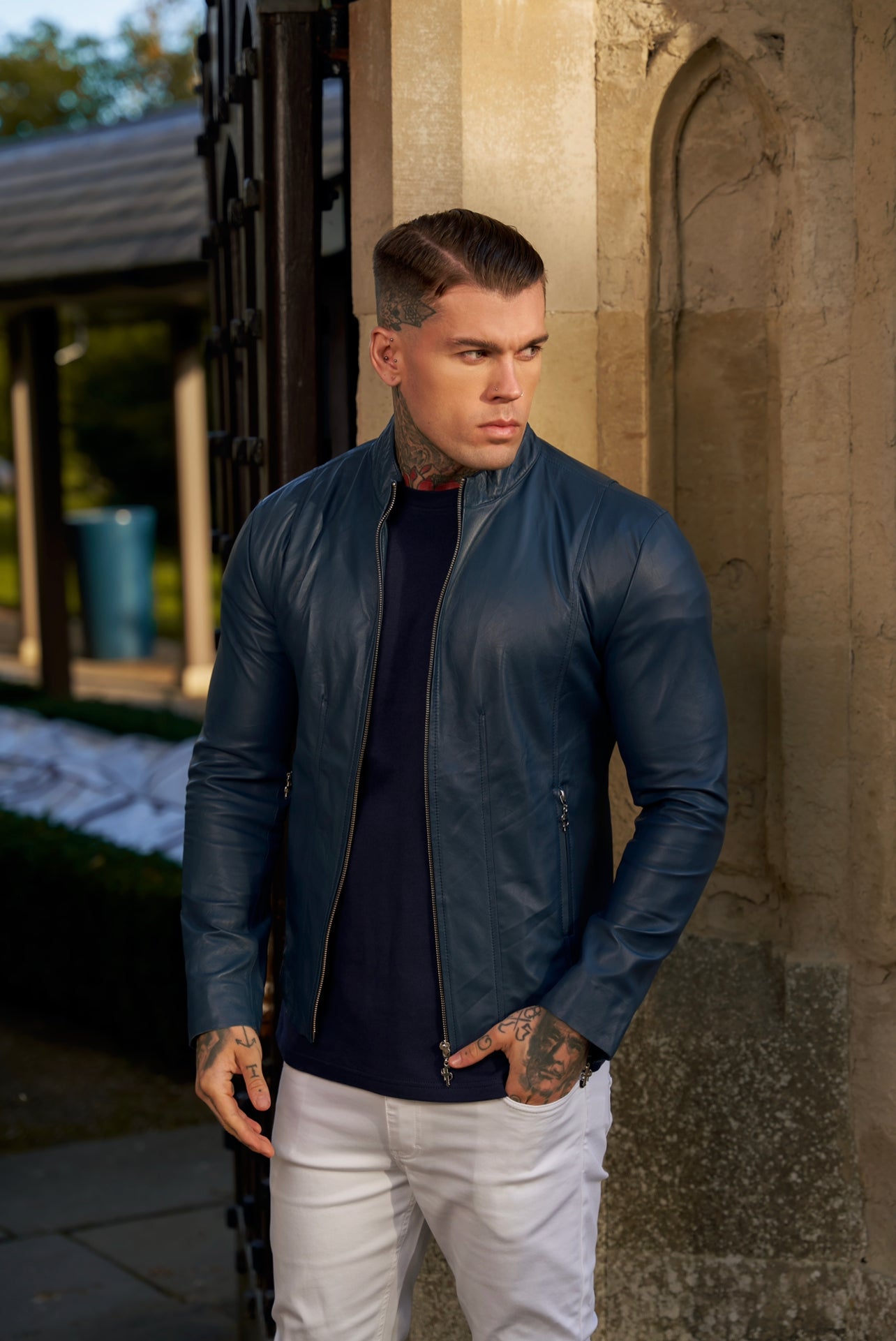 Navy Lambs Leather Jacket with Silver Zips - FSH790