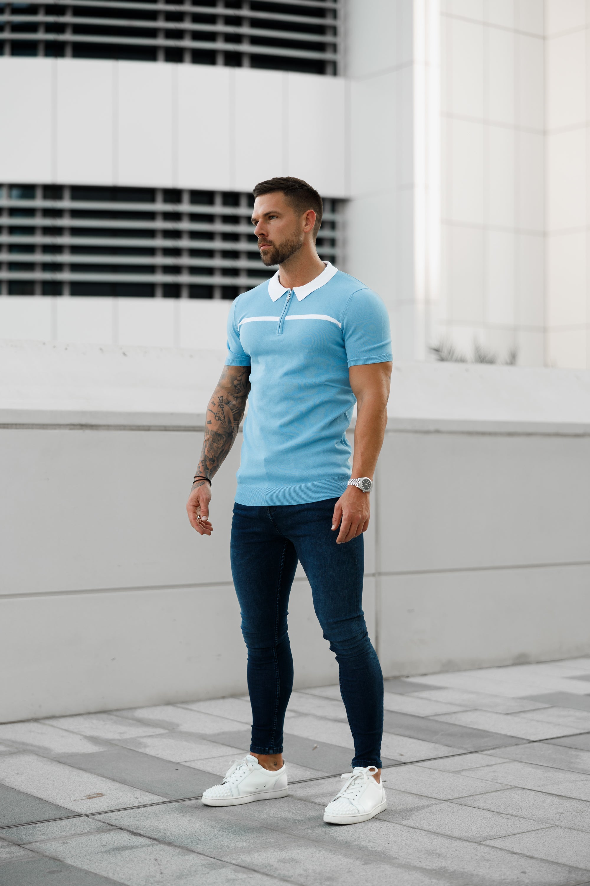 Classic Sky Blue / White Horizontal Stripe Zipped Polo Short Sleeve - FSN058