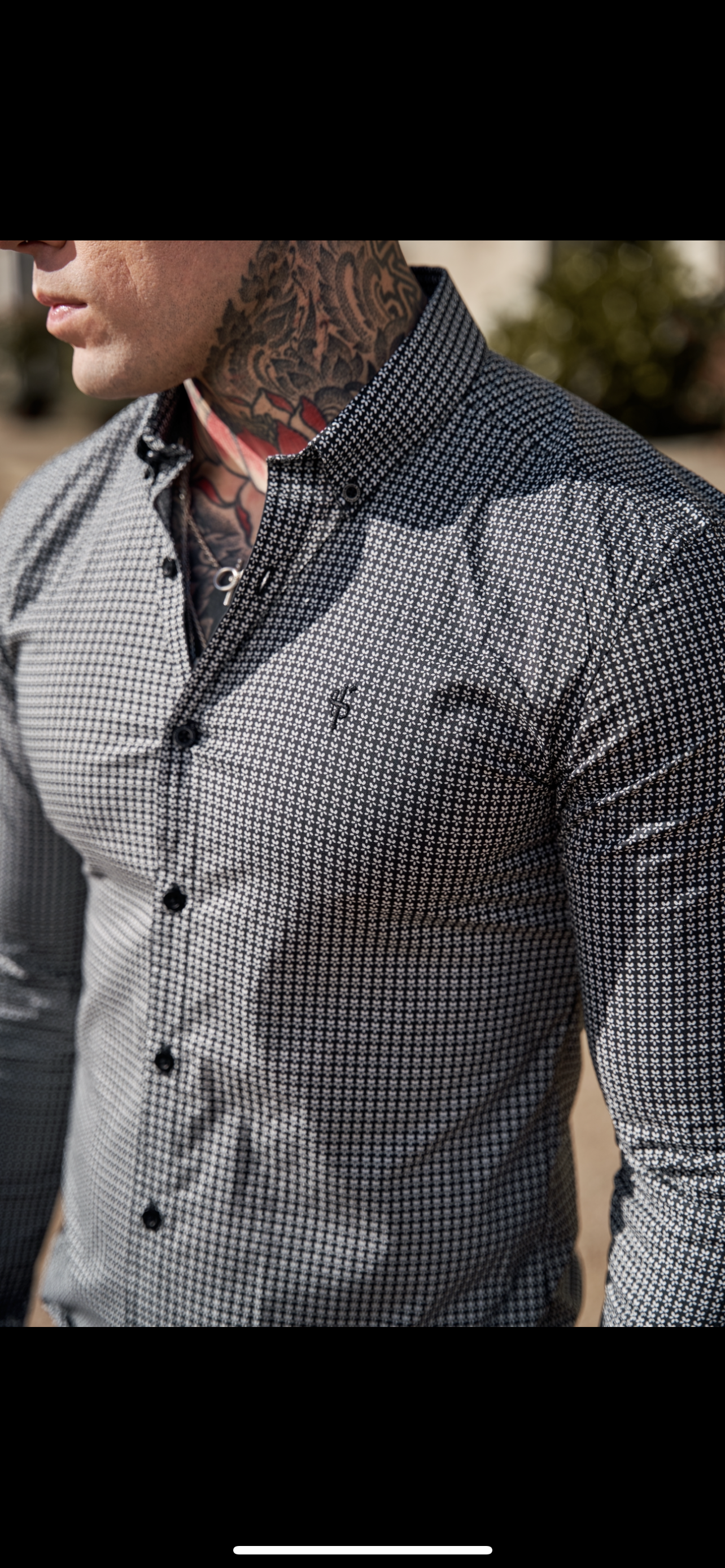 Super Slim Stretch Black Vintage Ditsy Print Long Sleeve with Button Down Collar - FS908