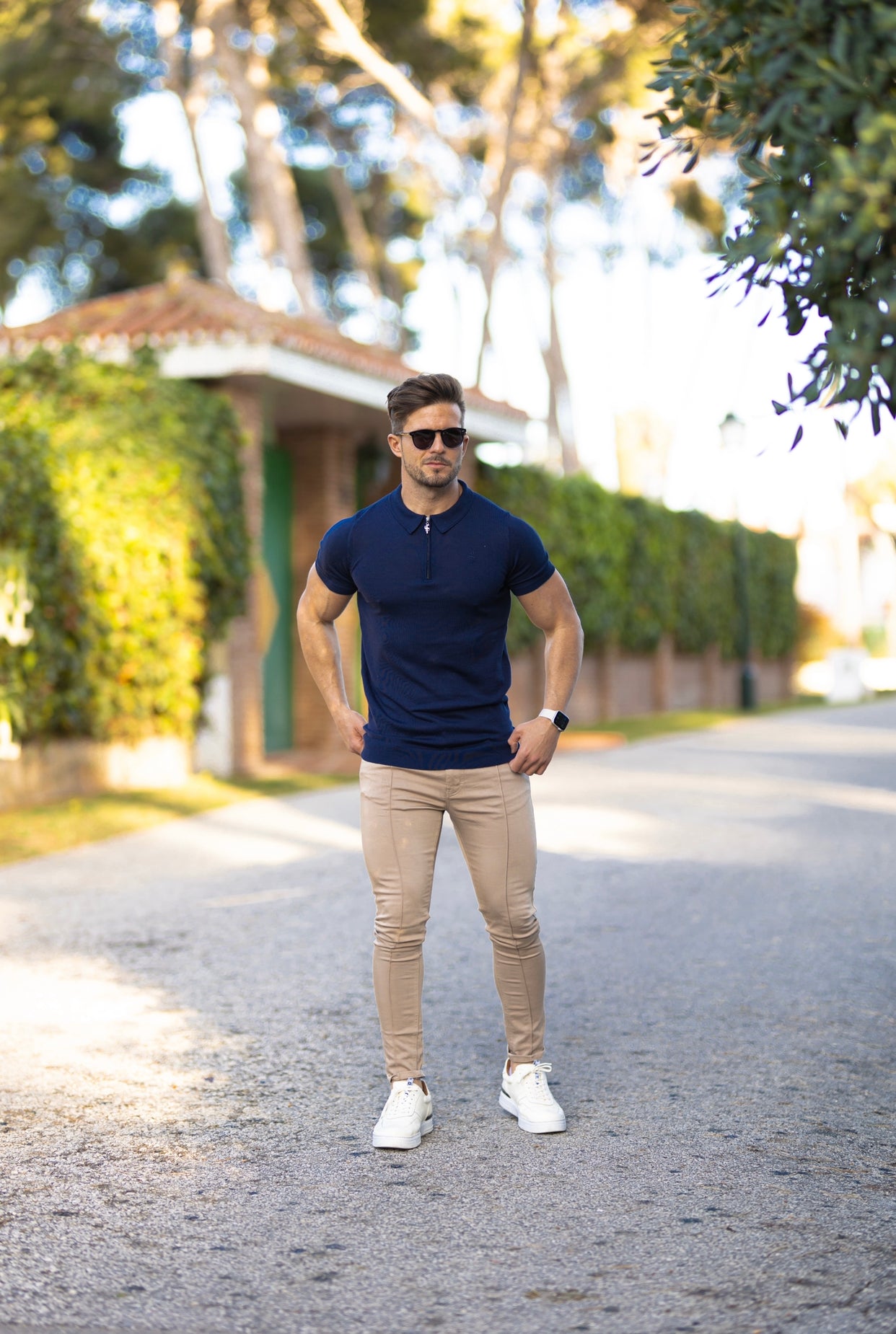 Classic Navy Merino Wool Knitted Zip Polo Short Sleeve Jumper With FS Embroidery- FSN027