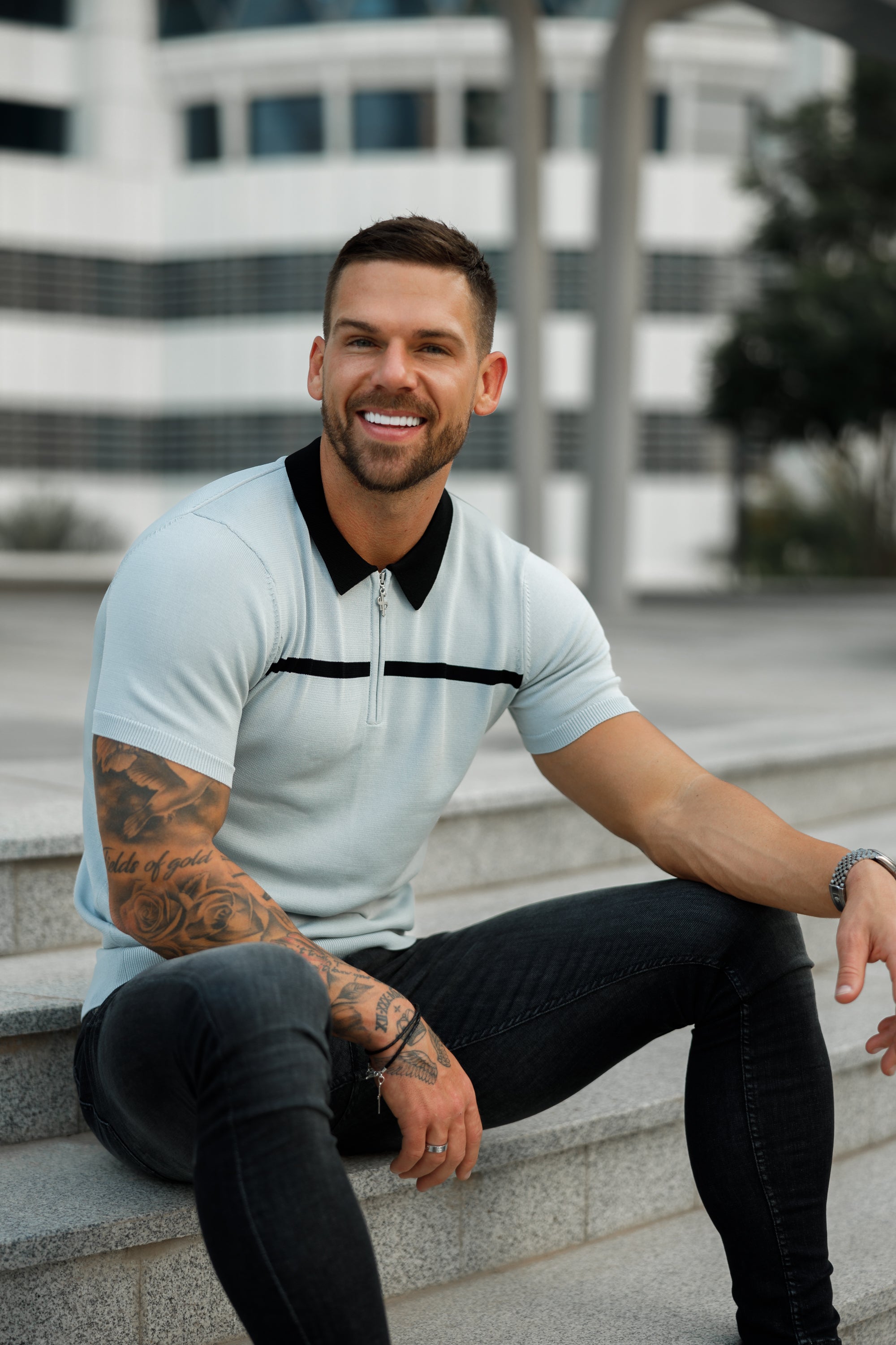 Classic Silver Grey / Black Horizontal Stripe Zipped Polo Short Sleeve - FSN040