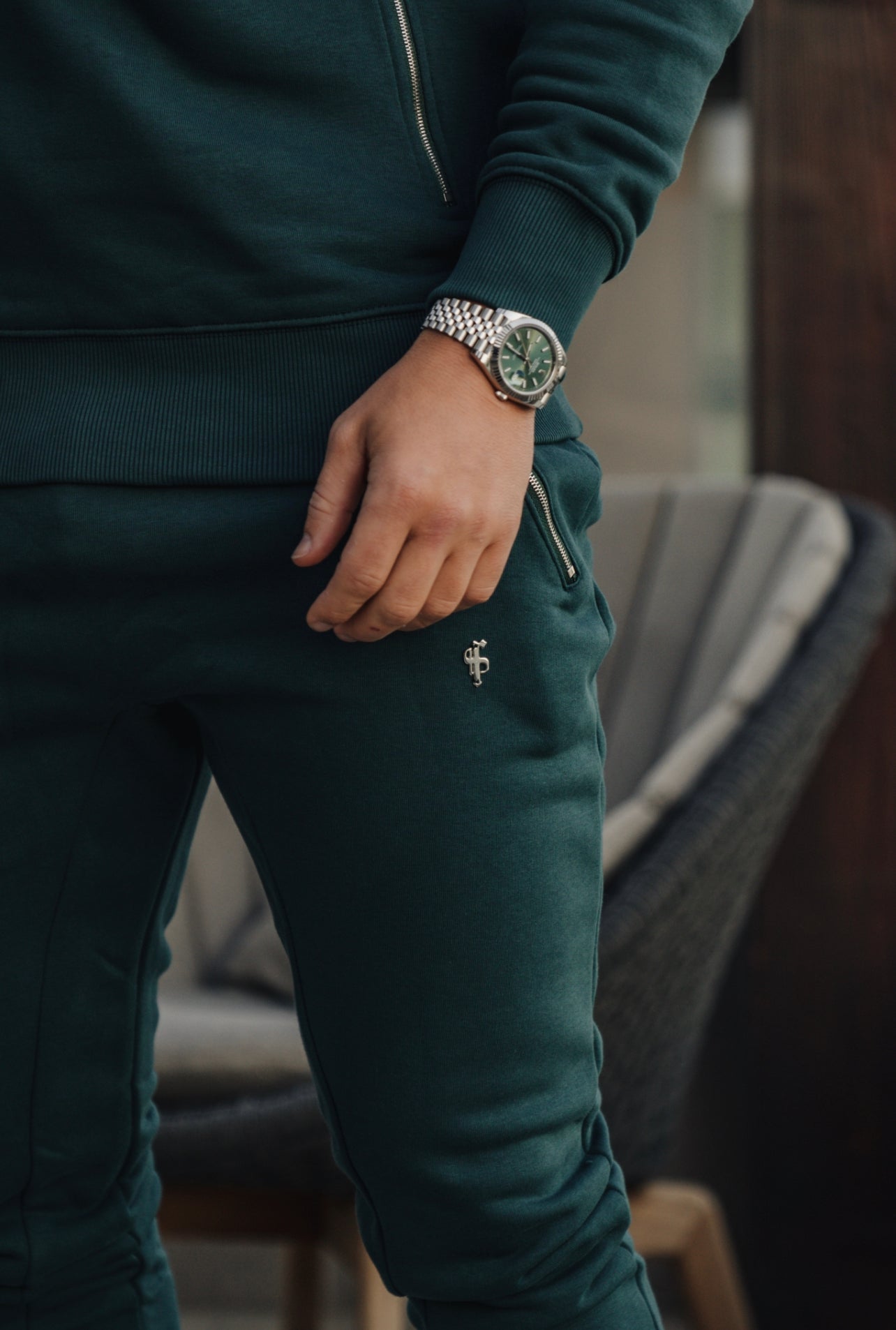 Forest Green / Silver Overhead Hoodie Top with Zipped Pockets - FSH799