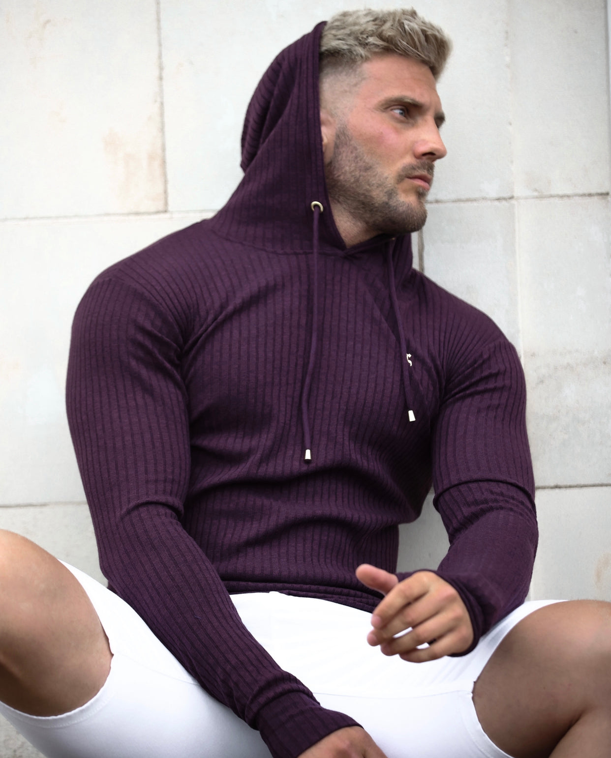 Classic Plum Ribbed Knit Hoodie Jumper With Gold Emblem - FSH623