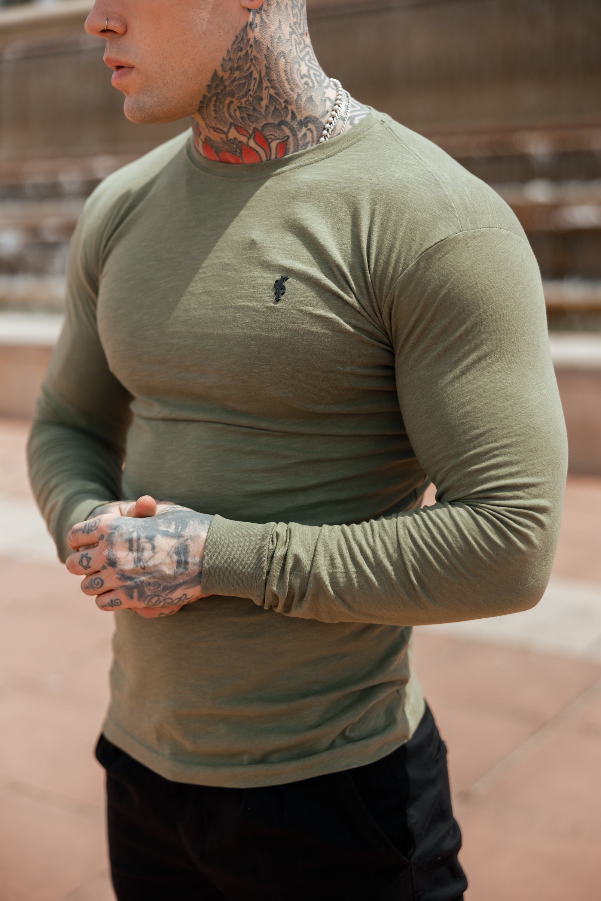 Khaki Slub Crew Long Sleeve With Cuff - FSH728