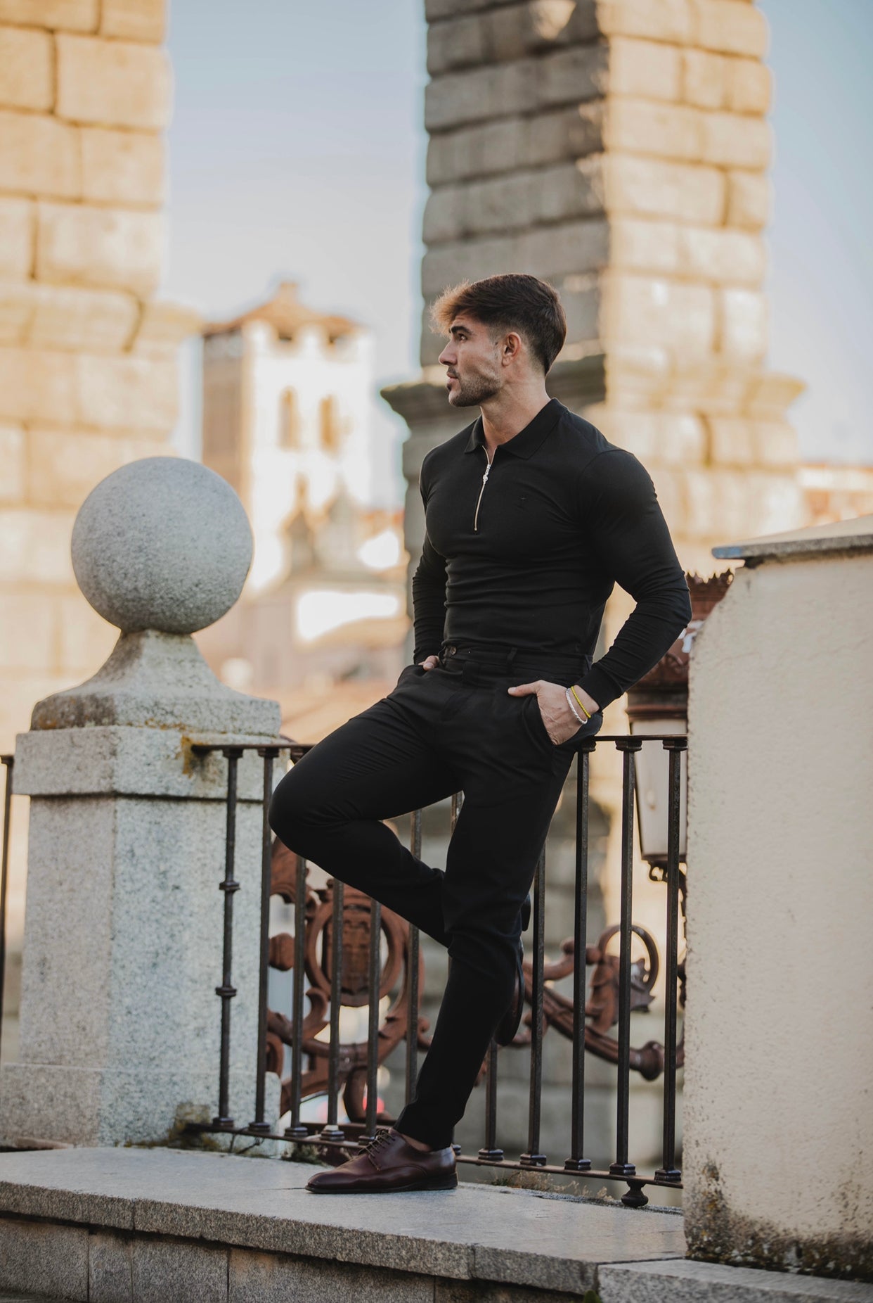 Classic Black Zipped Polo Long Sleeve Shirt - FSH025