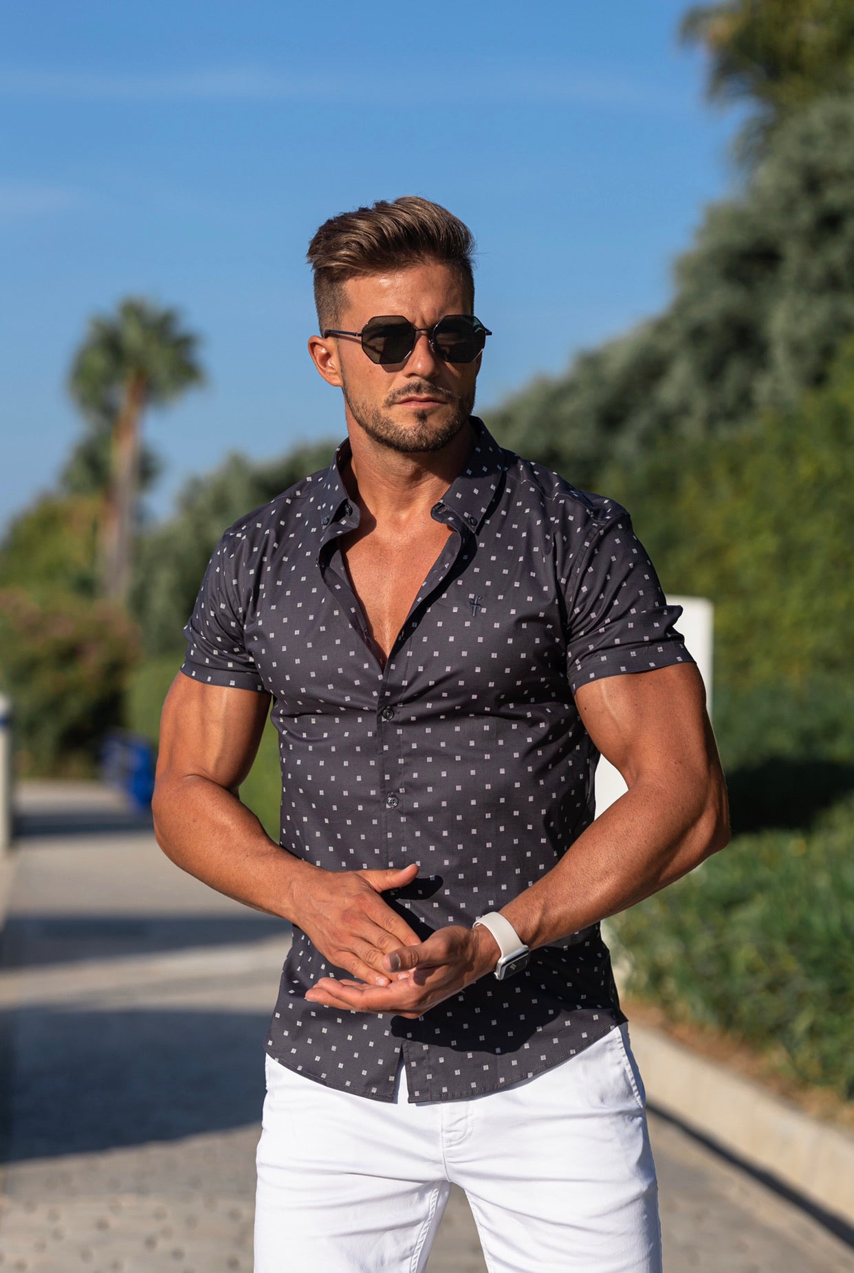 super Slim Stretch Black & Off White Broken Square Print Short Sleeve