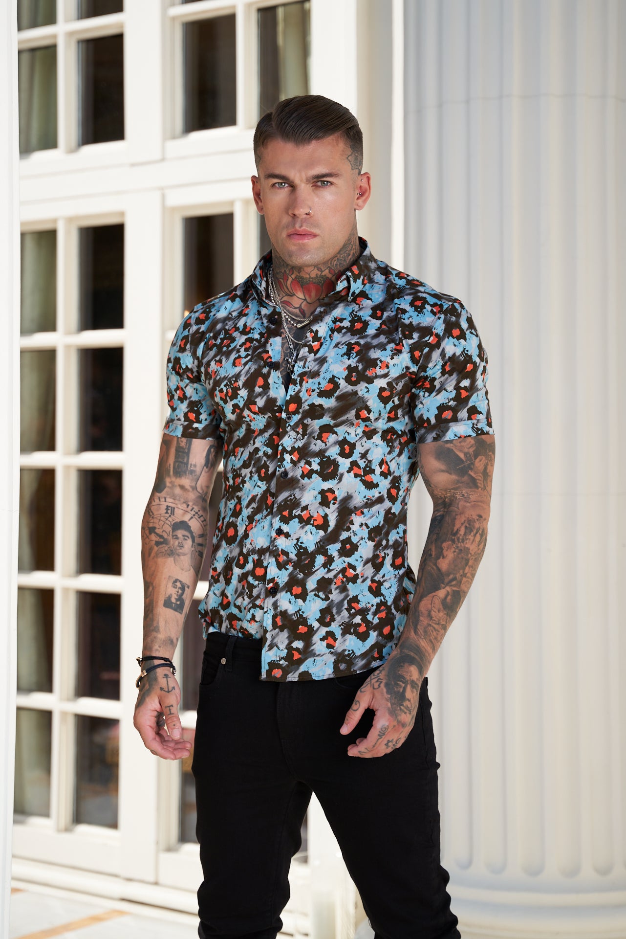 Super Slim Stretch Multi Colour Abstract Leopard Print Short Sleeve with Button Down Collar - FS790