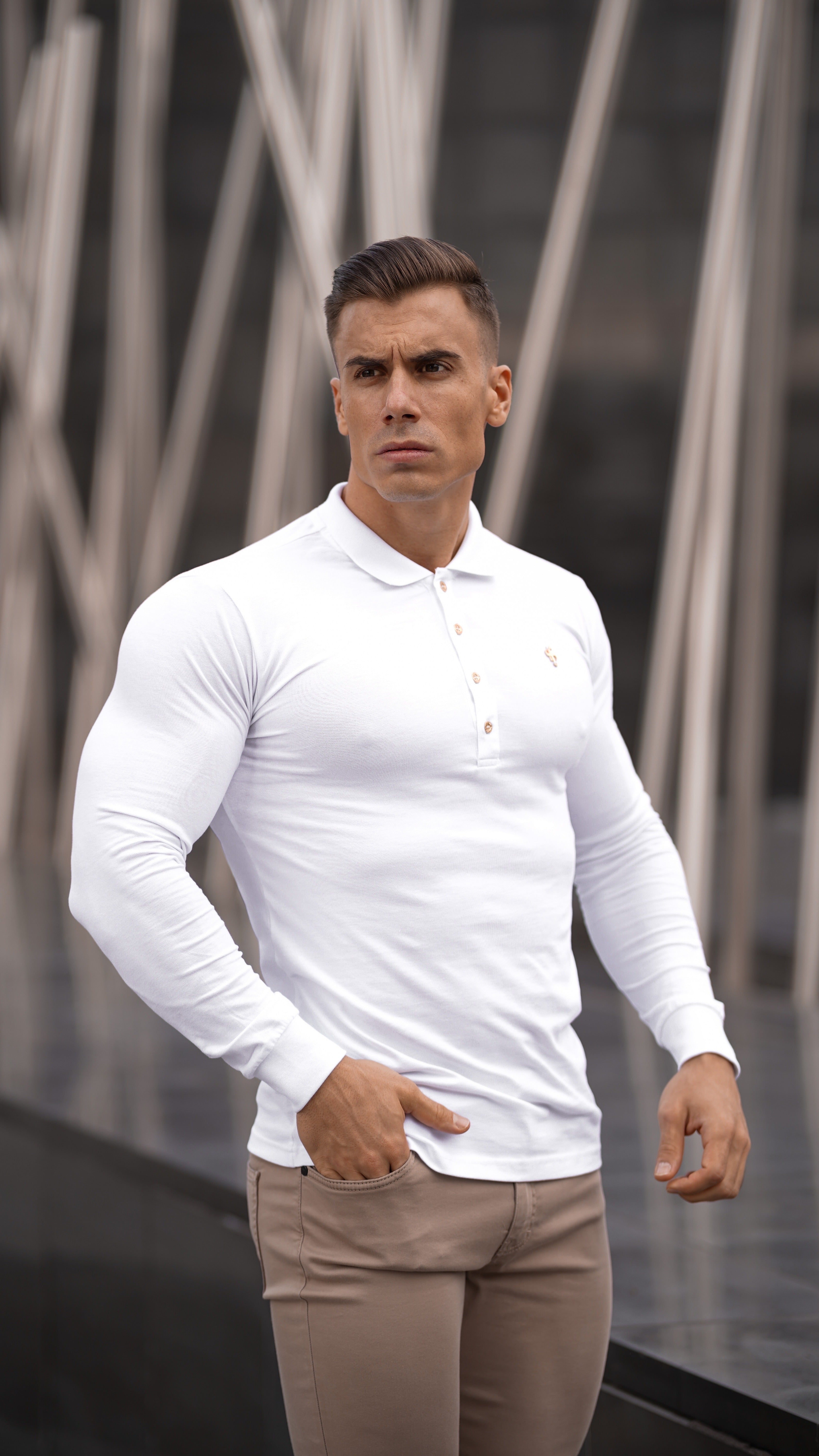 Classic White Long Sleeve Polo Shirt with Gold Metal Emblem Decal & Buttons - FSH515