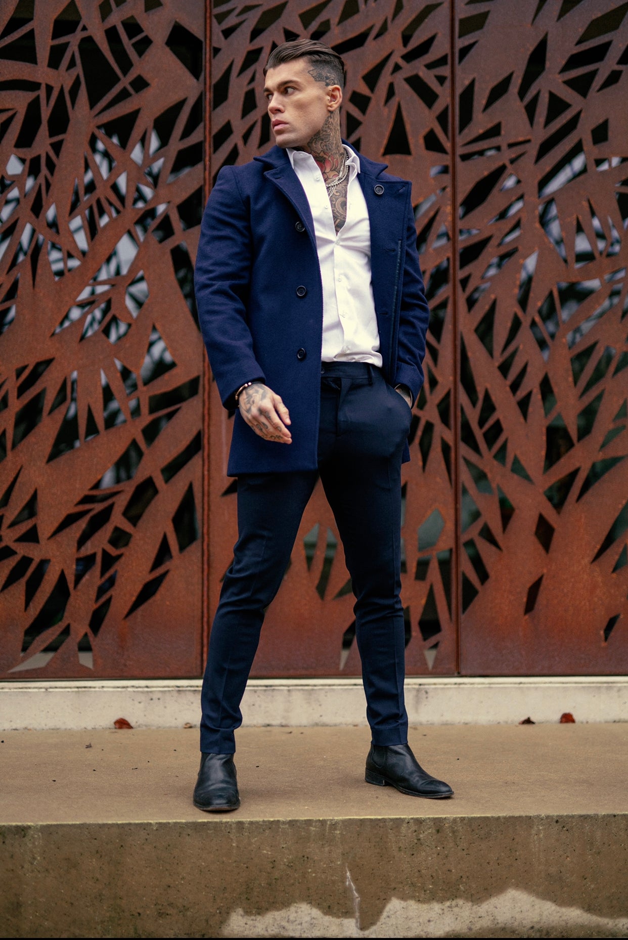 Slim Cashmere Funnel Neck Coat Navy - FSCOAT003