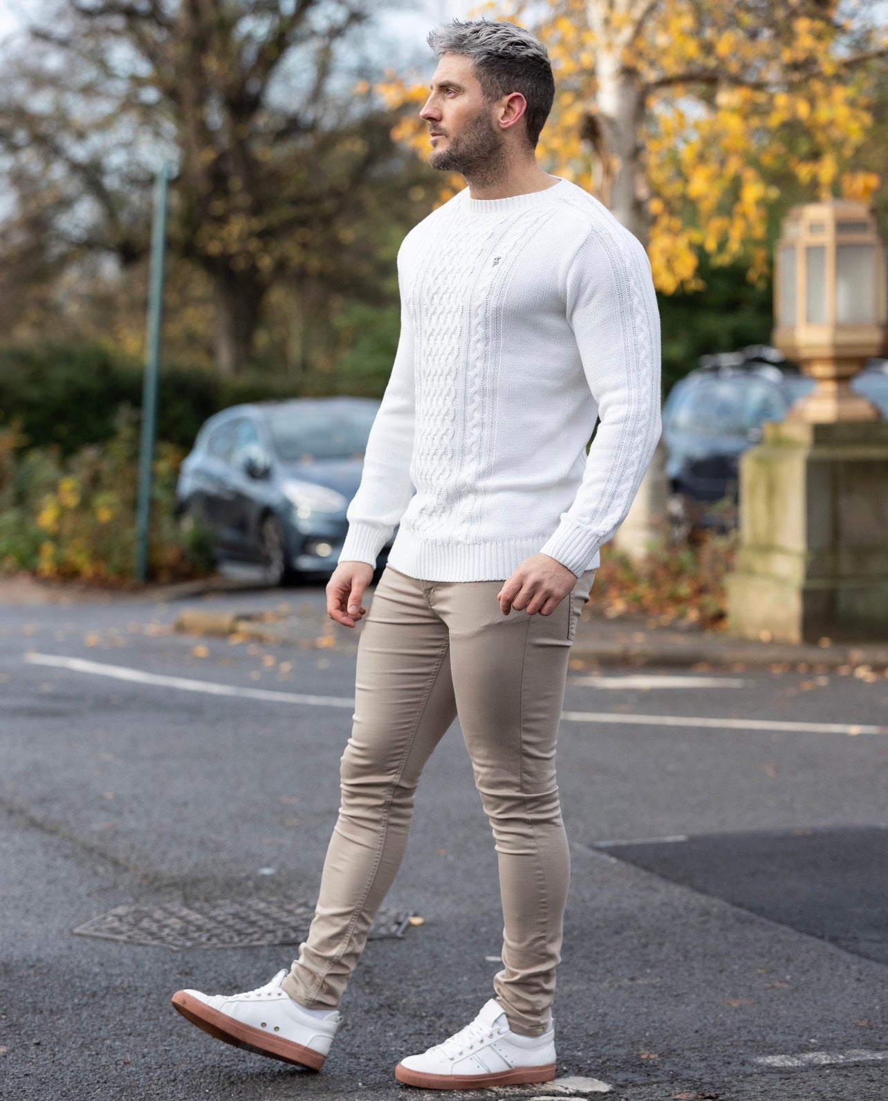 Off White Knitted Cable Saddle Crew Super Slim Jumper With Metal Decal - FSN075