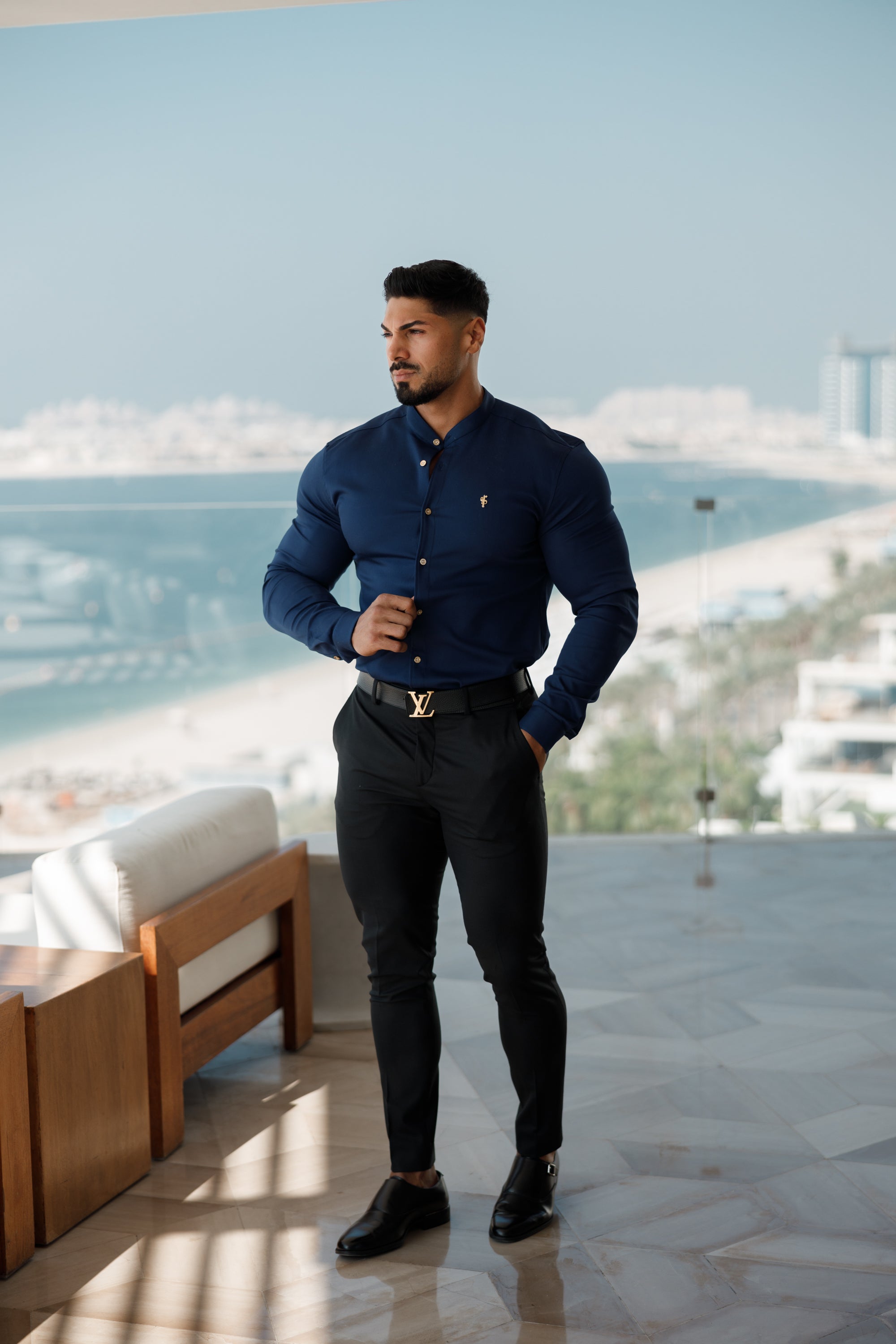 Super Slim Stretch Navy Denim Long Sleeve Grandad collar with Metal Buttons and Decal Emblem - FS713