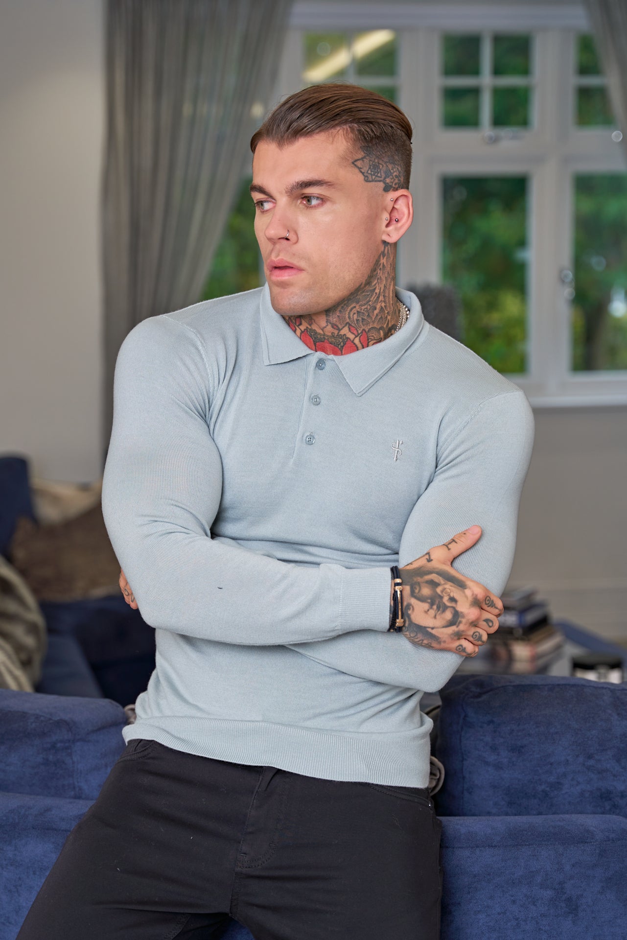 Classic Grey Merino Wool Knitted Polo Jumper Long Sleeve With FS Embroidery- FSN017